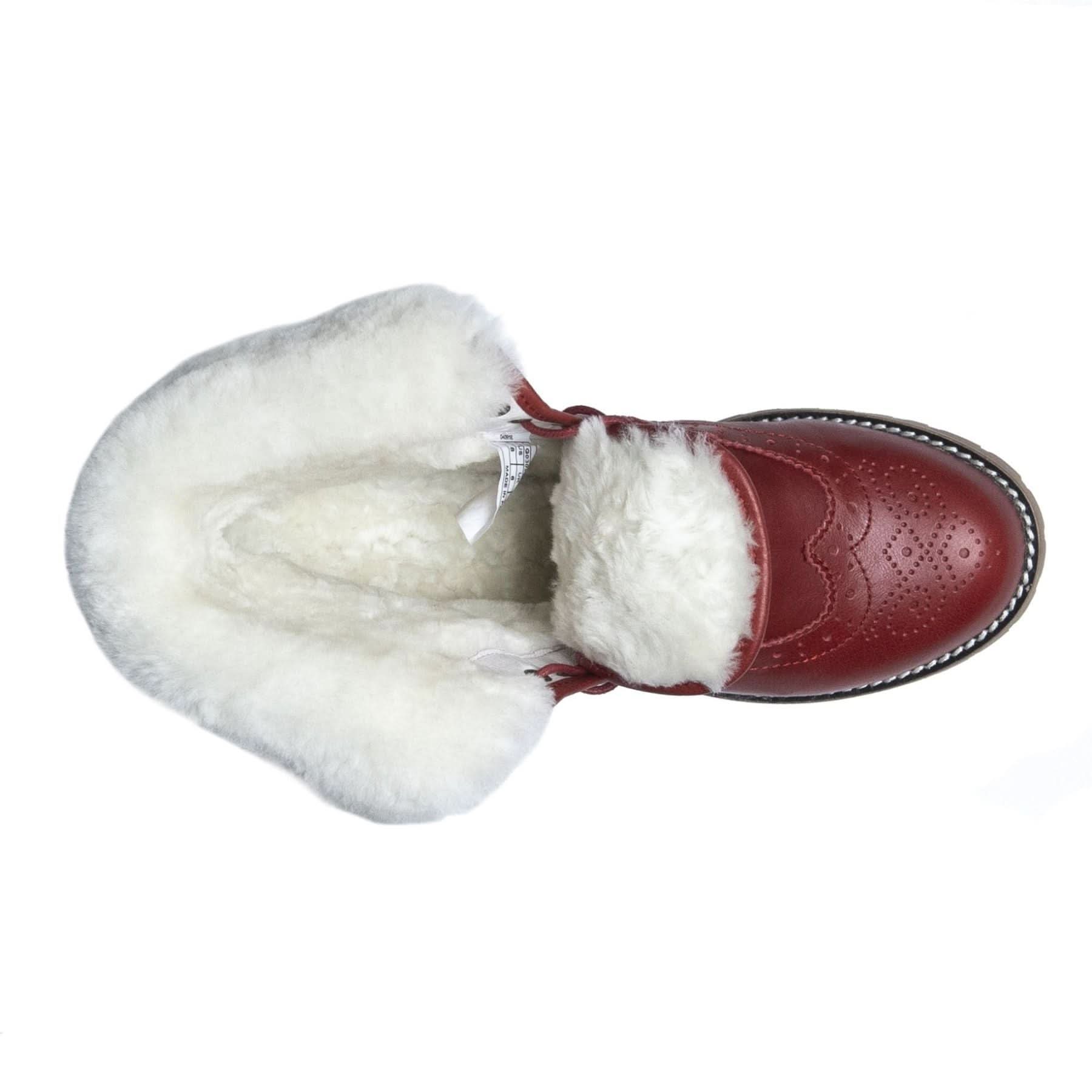 Burgundy leather sheepskin boot with white wool lining, top view. - Yellow Earth Australia