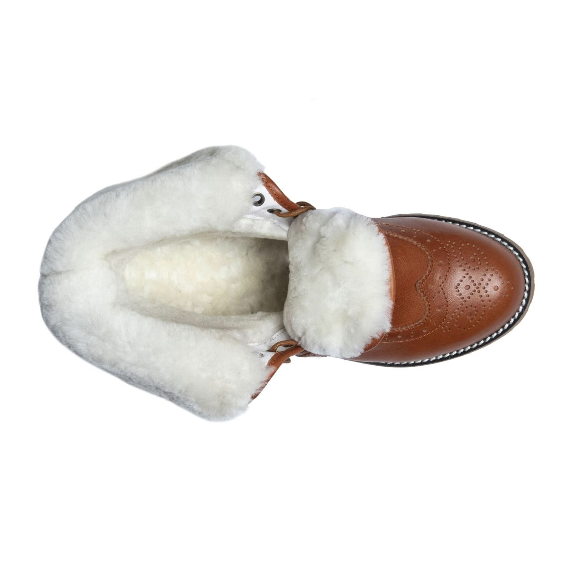 Cognac leather sheepskin boot with white wool lining, top-down view. - Yellow Earth Australia