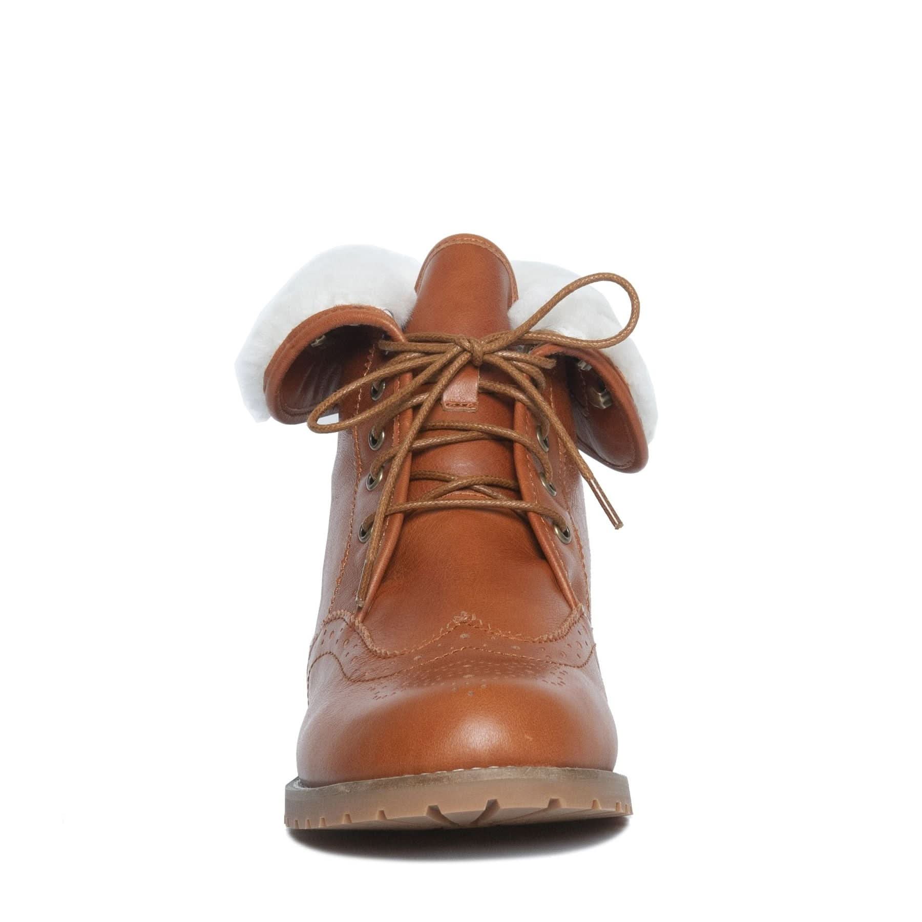 Tan leather lace-up duck boot with white sheepskin cuff, front view. - Yellow Earth Australia
