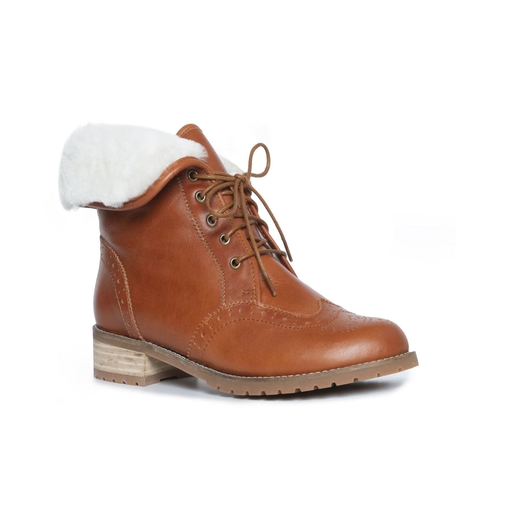 Tan leather lace-up ankle boot with white sheepskin wool collar, shown from side angle. - Yellow Earth Australia