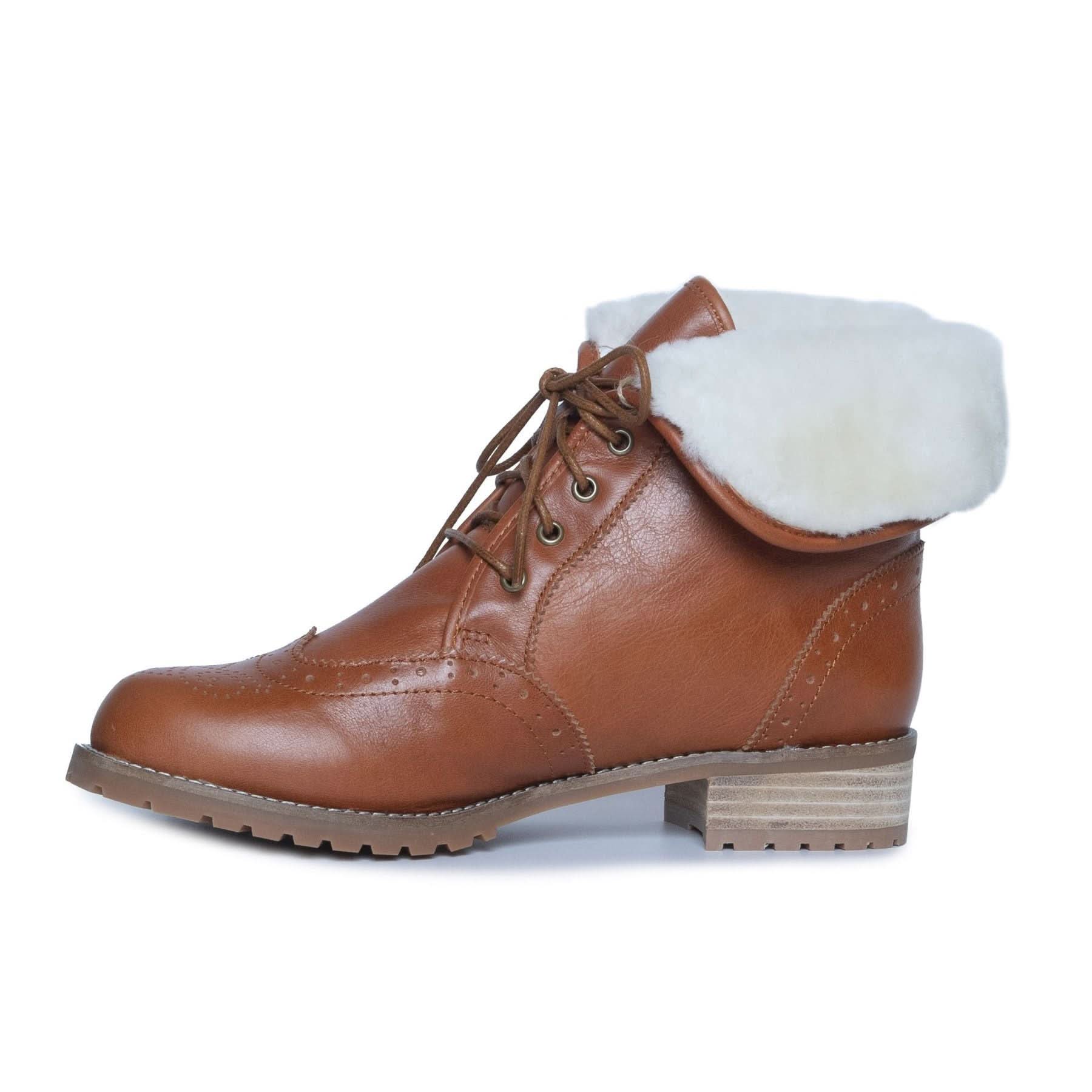 Brown leather lace-up boot with white sheepskin wool collar, side view. - Yellow Earth Australia