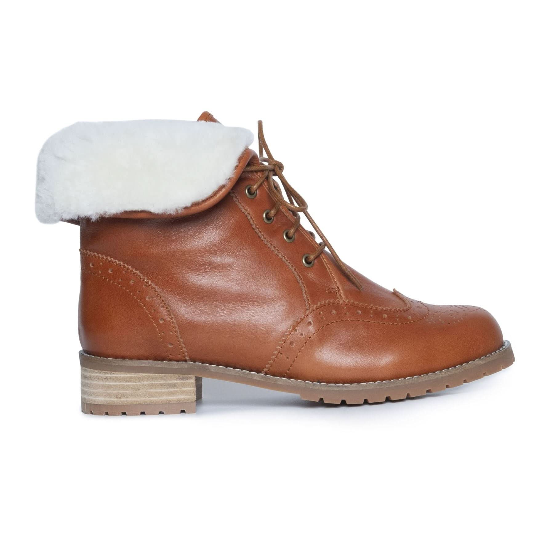 Tan leather lace-up boot with white sheepskin cuff, side view. - Yellow Earth Australia