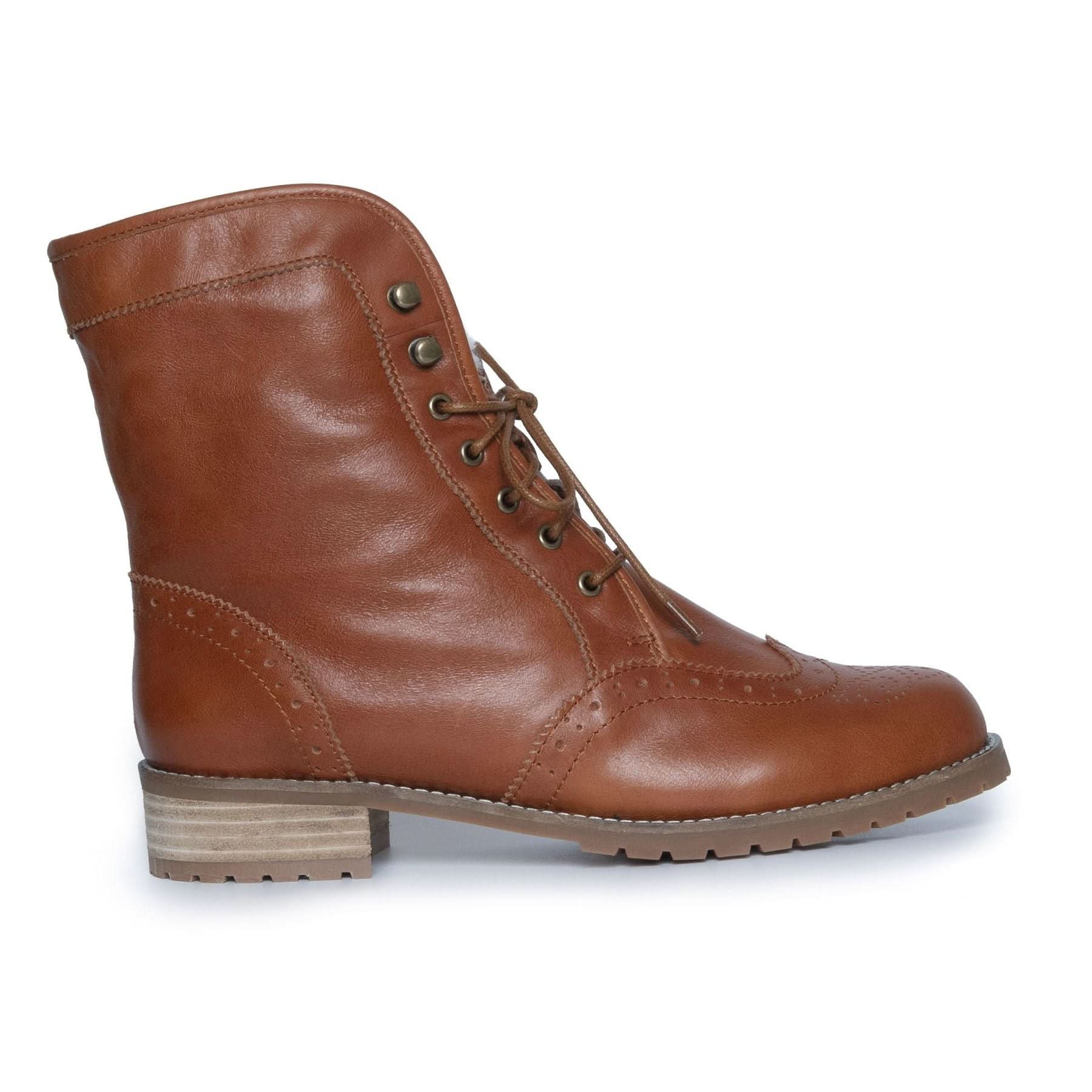 Brown leather lace-up ankle boot with brogue detailing, side view. - Yellow Earth Australia