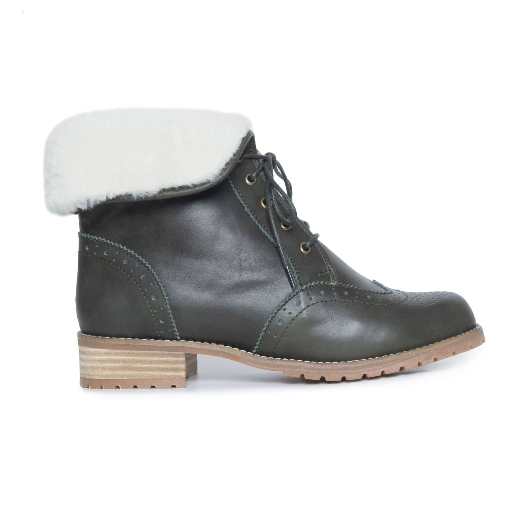 Dark grey leather lace-up boot with white sheepskin collar, shown from side angle. - Yellow Earth Australia