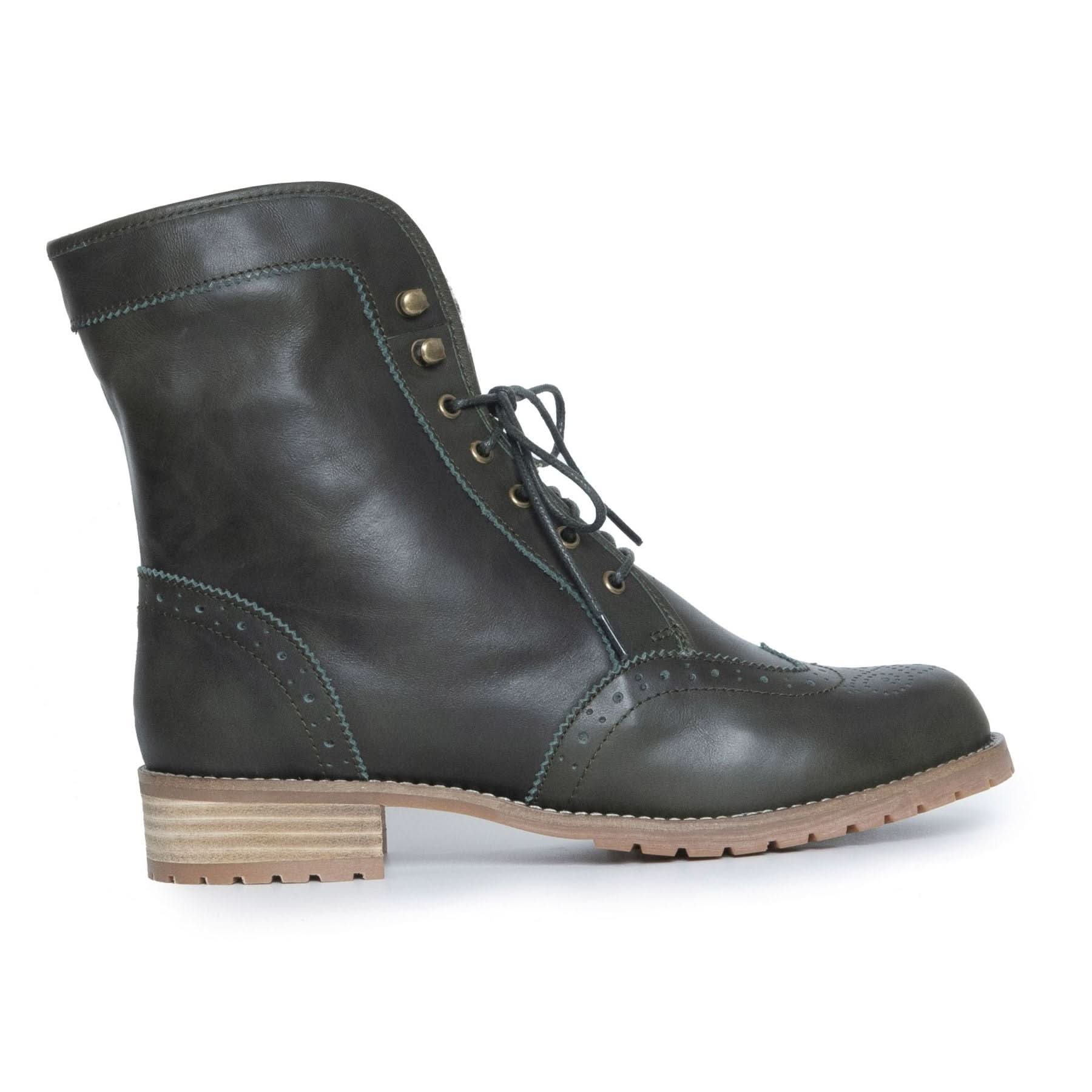 Dark grey leather lace-up ankle boot with brogue detailing and tan sole, side view. - Yellow Earth Australia