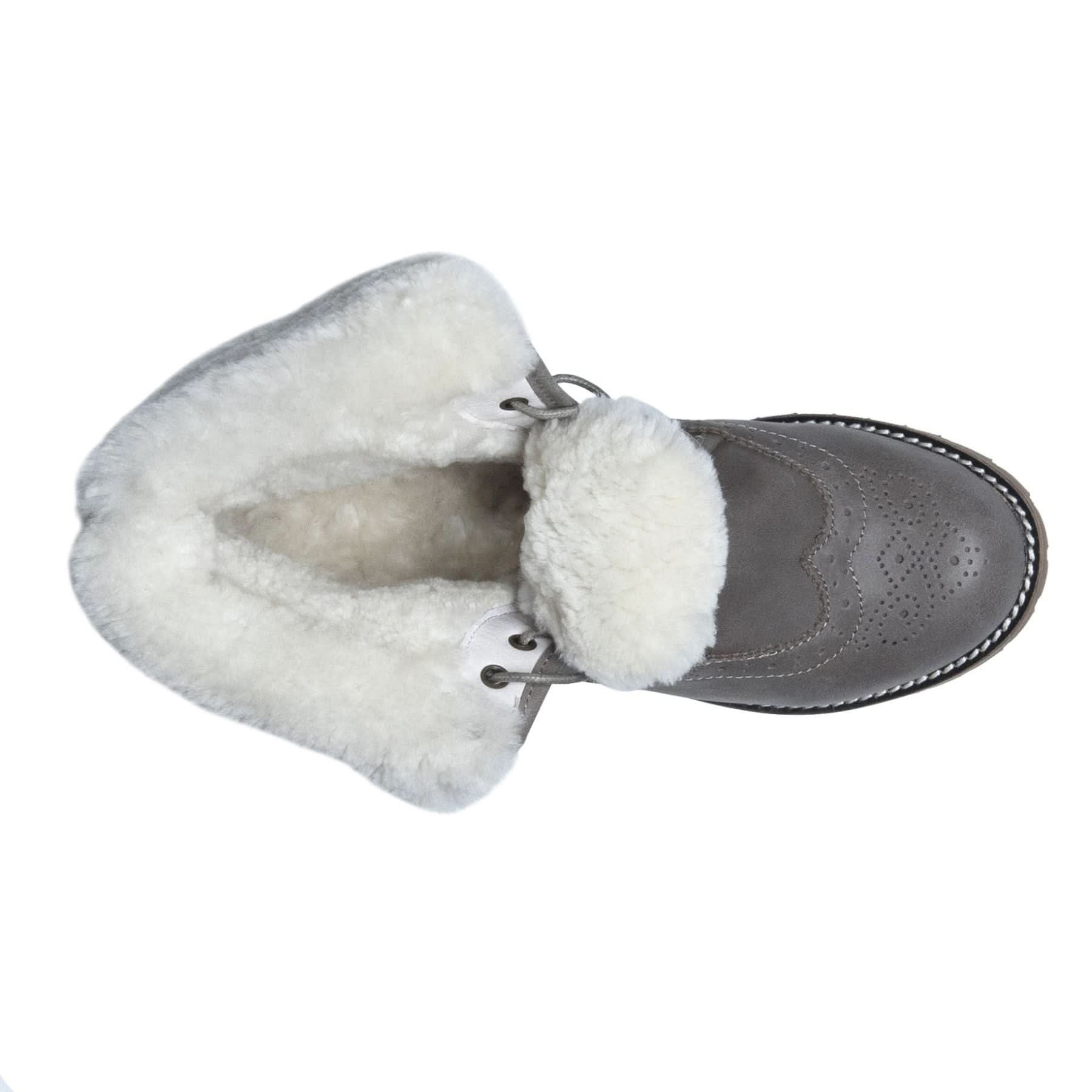 Grey sheepskin boot with white wool lining, top-down view. - Yellow Earth Australia