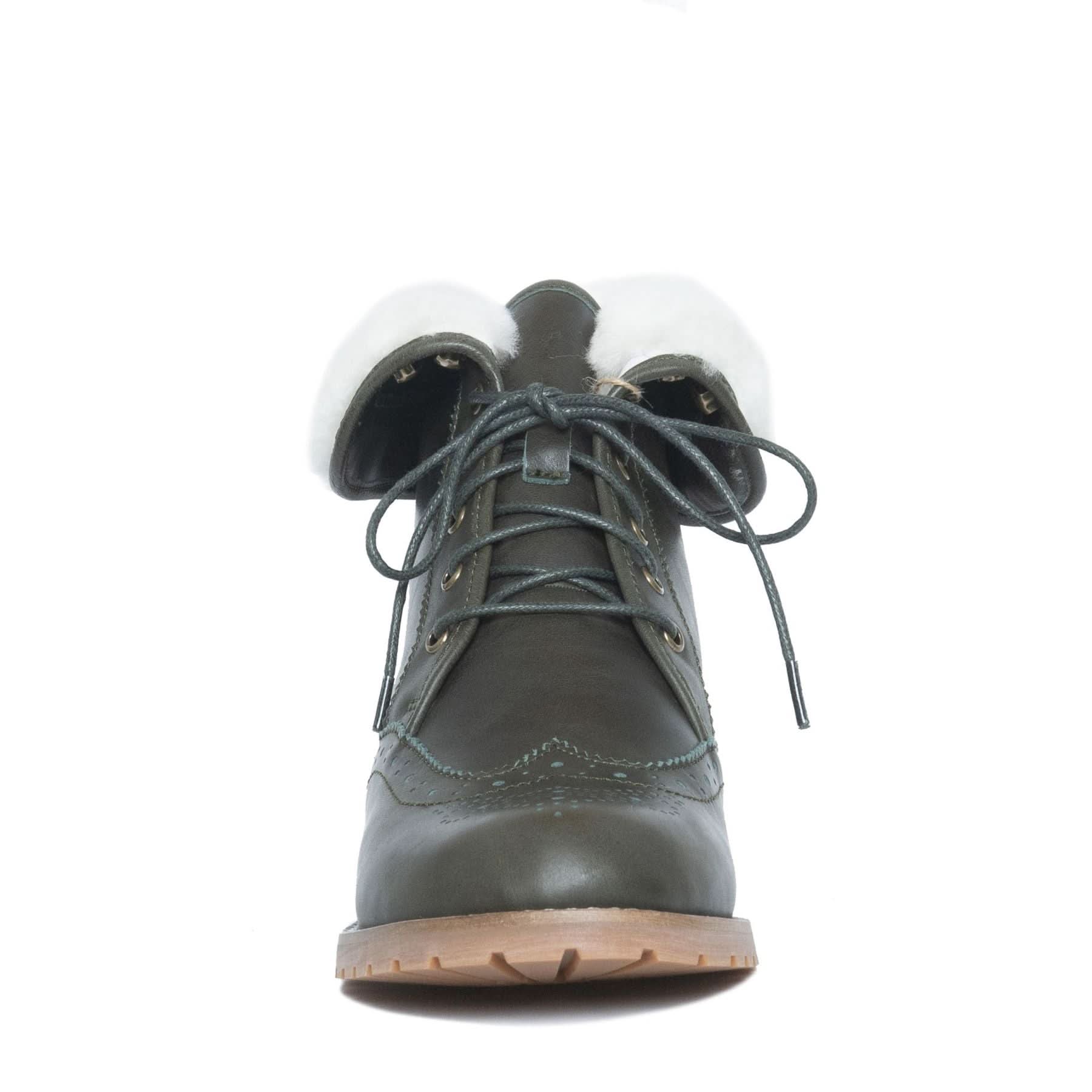 Dark grey sheepskin-lined lace-up boot with white wool collar, front view. - Yellow Earth Australia