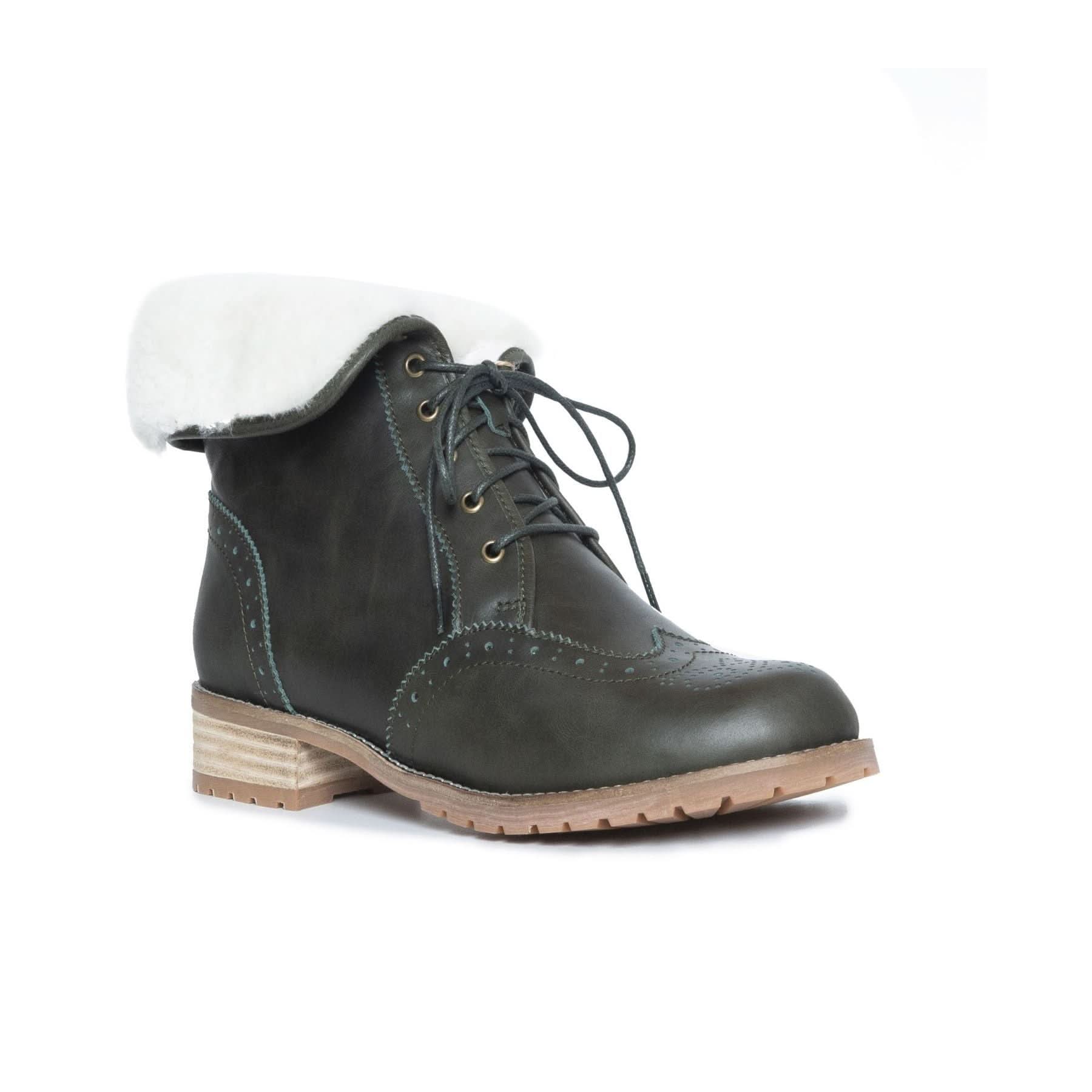 Black leather lace-up ankle boot with sheepskin collar and wooden heel, side view. - Yellow Earth Australia