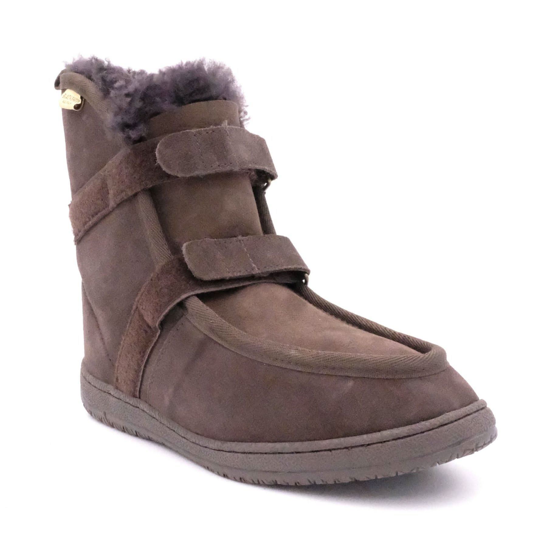Grey sheepskin boot with wool lining and velcro straps, side view. - Yellow Earth Australia