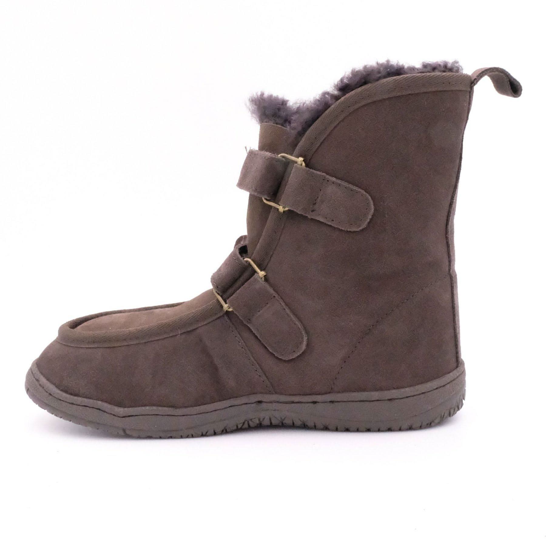 Chocolate suede sheepskin boot with buckle straps, side view. - Yellow Earth Australia