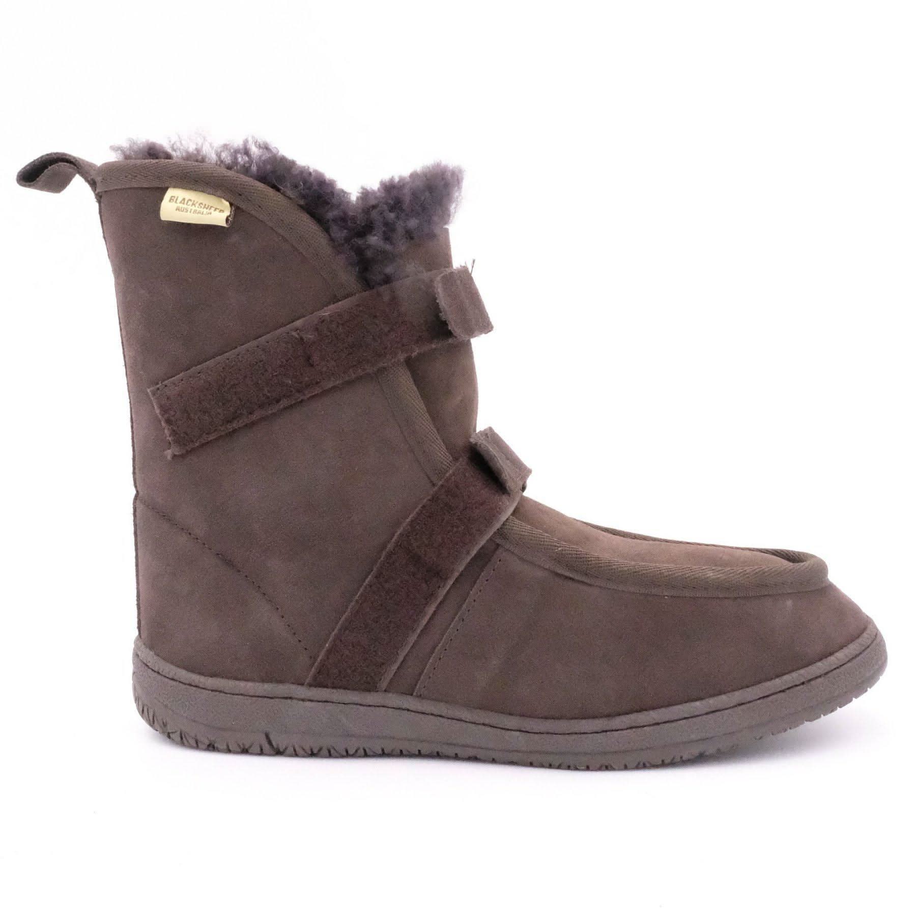 Charcoal grey sheepskin boot with wool lining and velcro straps, side view. - Yellow Earth Australia