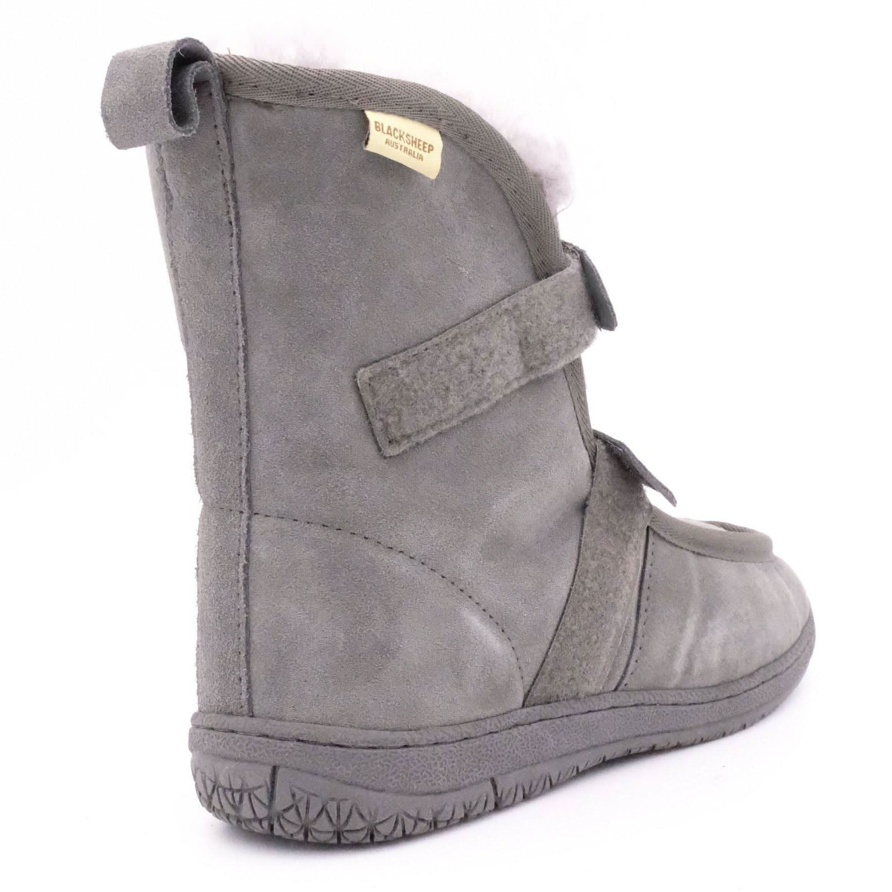 Grey suede sheepskin boot with wool lining shown from back angle view. - Yellow Earth Australia