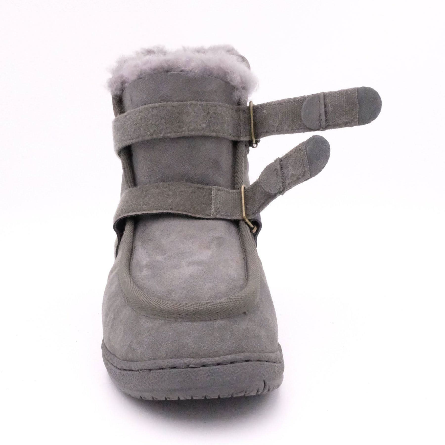 Grey sheepskin boot with wool lining and adjustable straps, front view. - Yellow Earth Australia