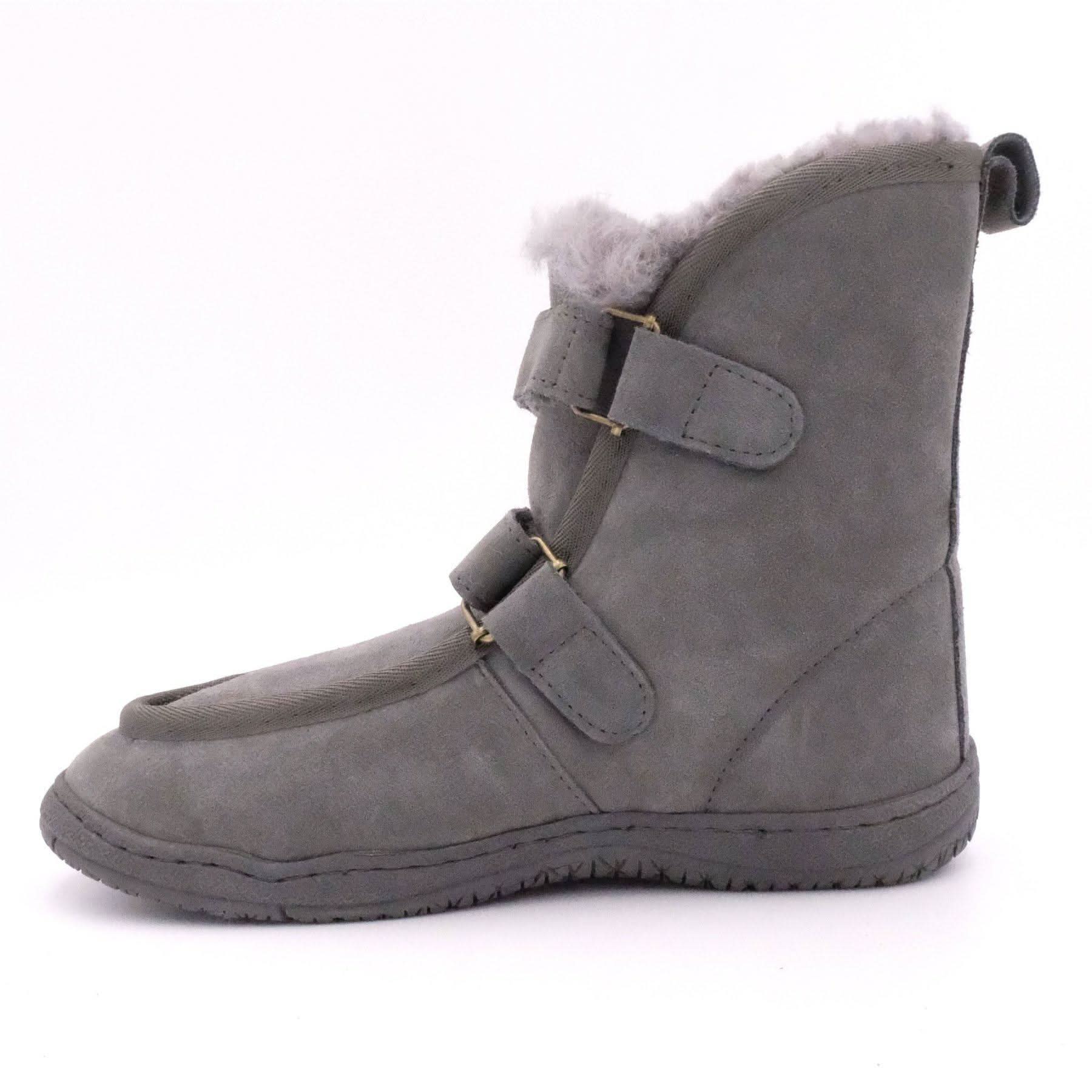 Grey sheepskin wool winter boot with fluffy collar and velcro straps, side view. - Yellow Earth Australia