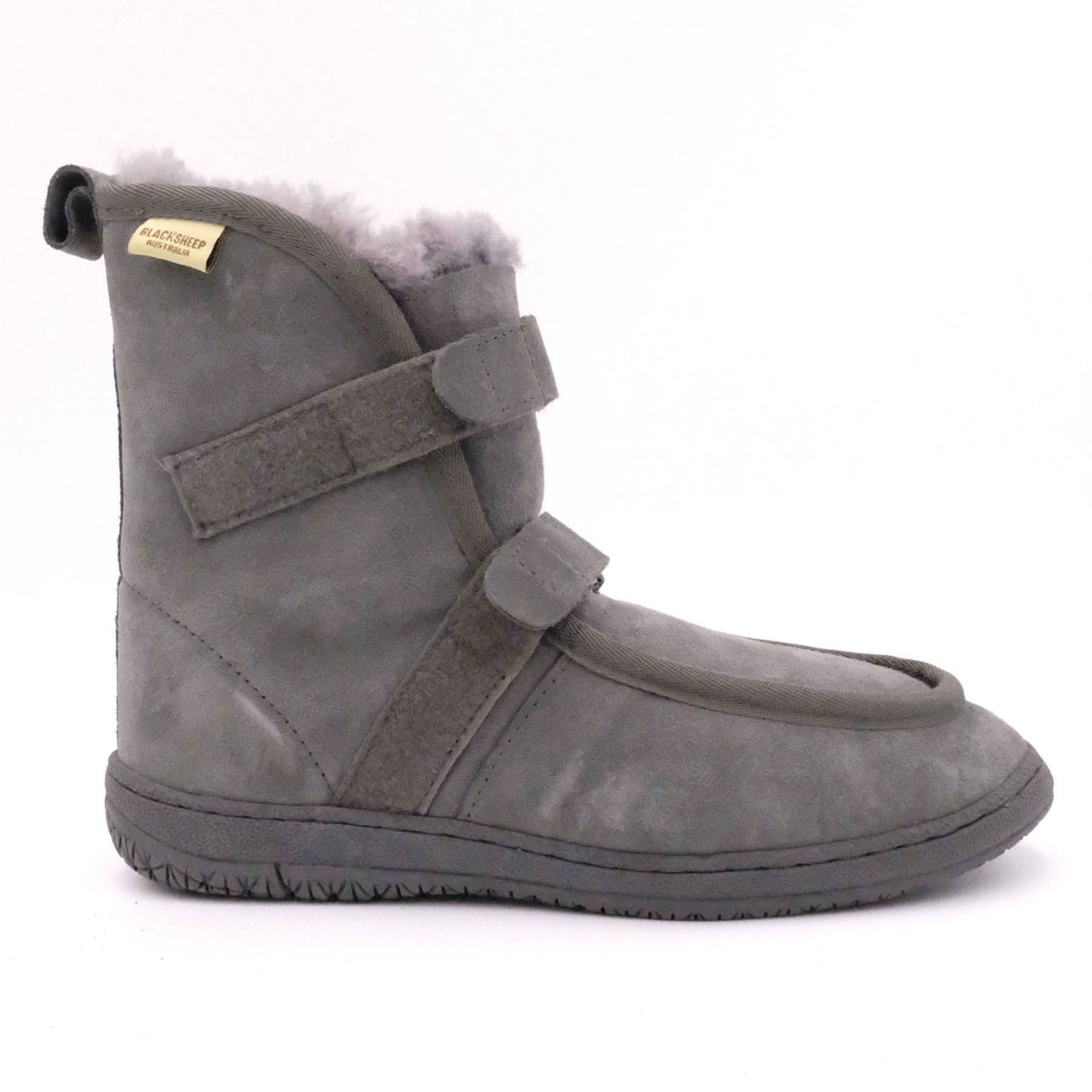 Grey sheepskin boot with wool lining and velcro straps, side view. - Yellow Earth Australia