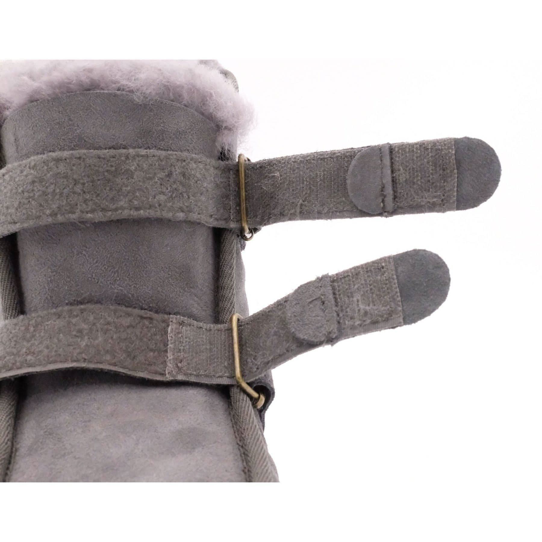 Grey sheepskin mittens with wool lining and adjustable wrist straps, side view. - Yellow Earth Australia
