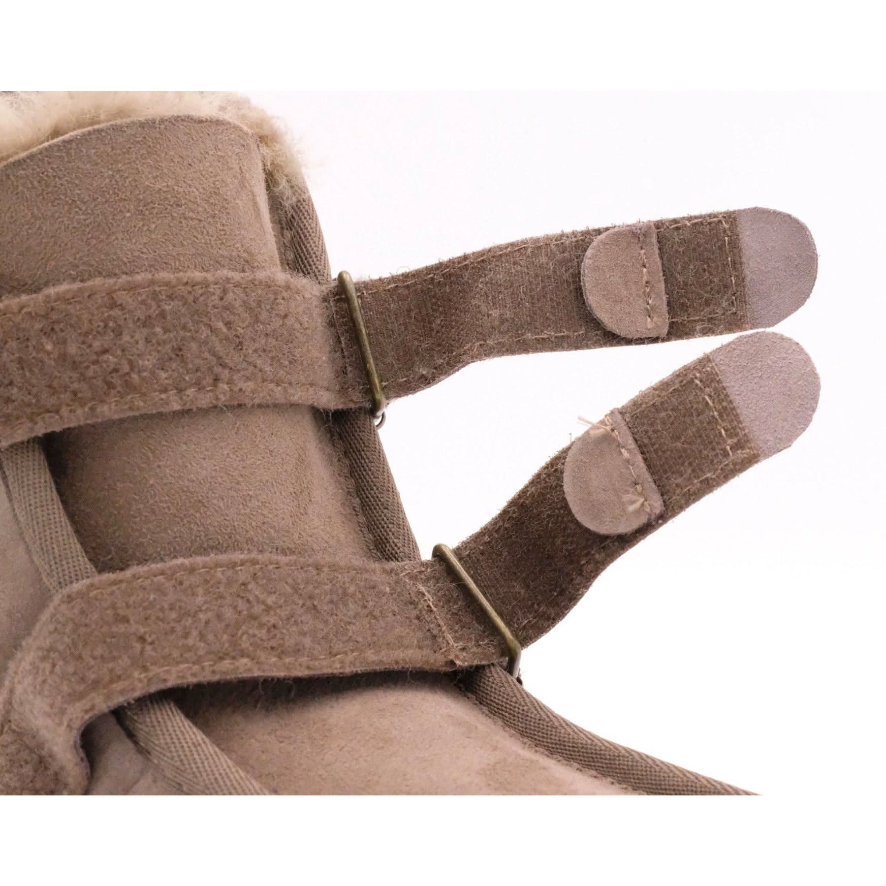 Beige sheepskin mittens with wool lining and velcro straps, close-up side view. - Yellow Earth Australia