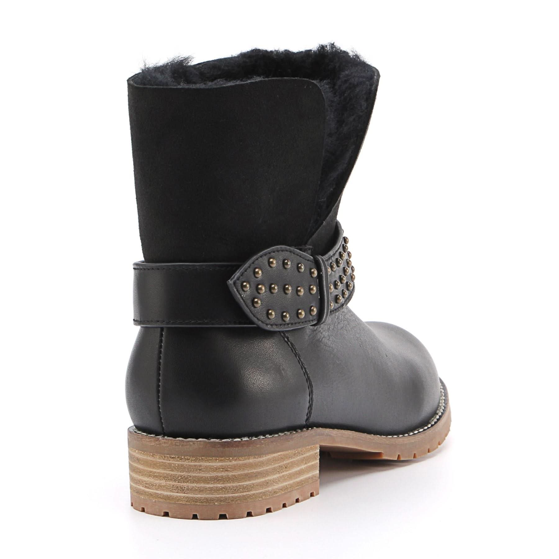 Black sheepskin wool mid-calf boot with studded strap, rear view. - Yellow Earth Australia