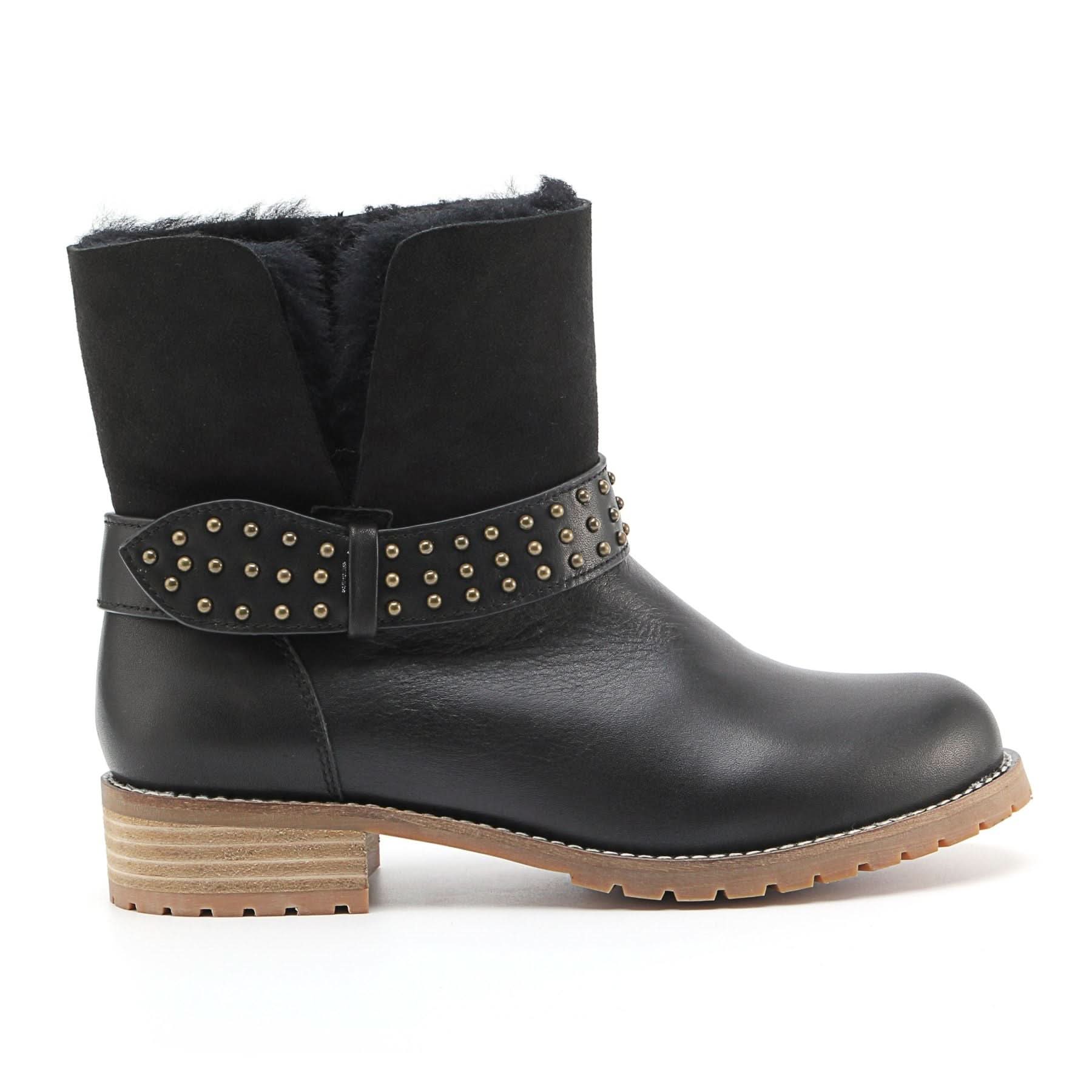 Black sheepskin ankle boot with studded leather band and lug sole, side view. - Yellow Earth Australia