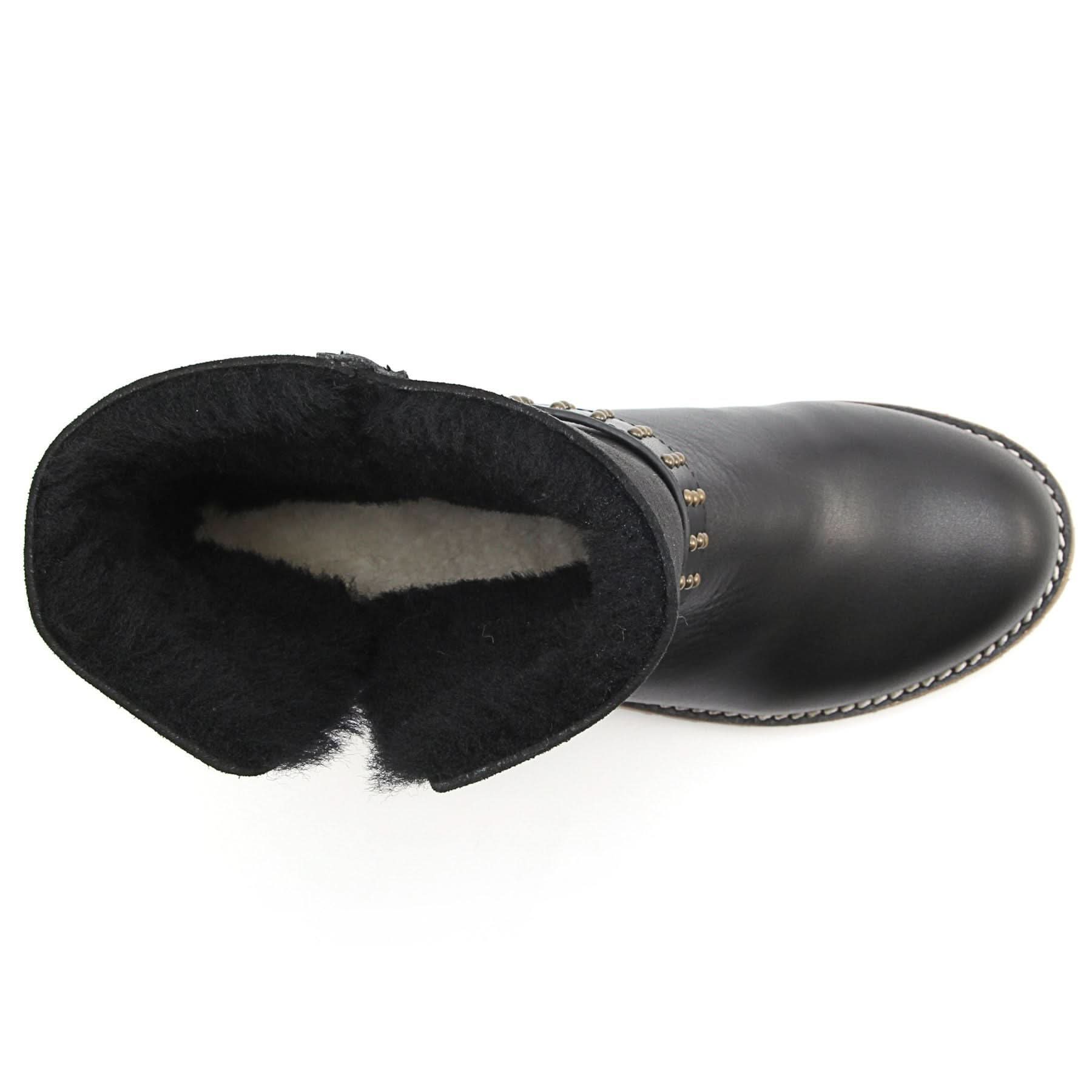 Black leather sheepskin-lined winter boot with studded detail, overhead view. - Yellow Earth Australia