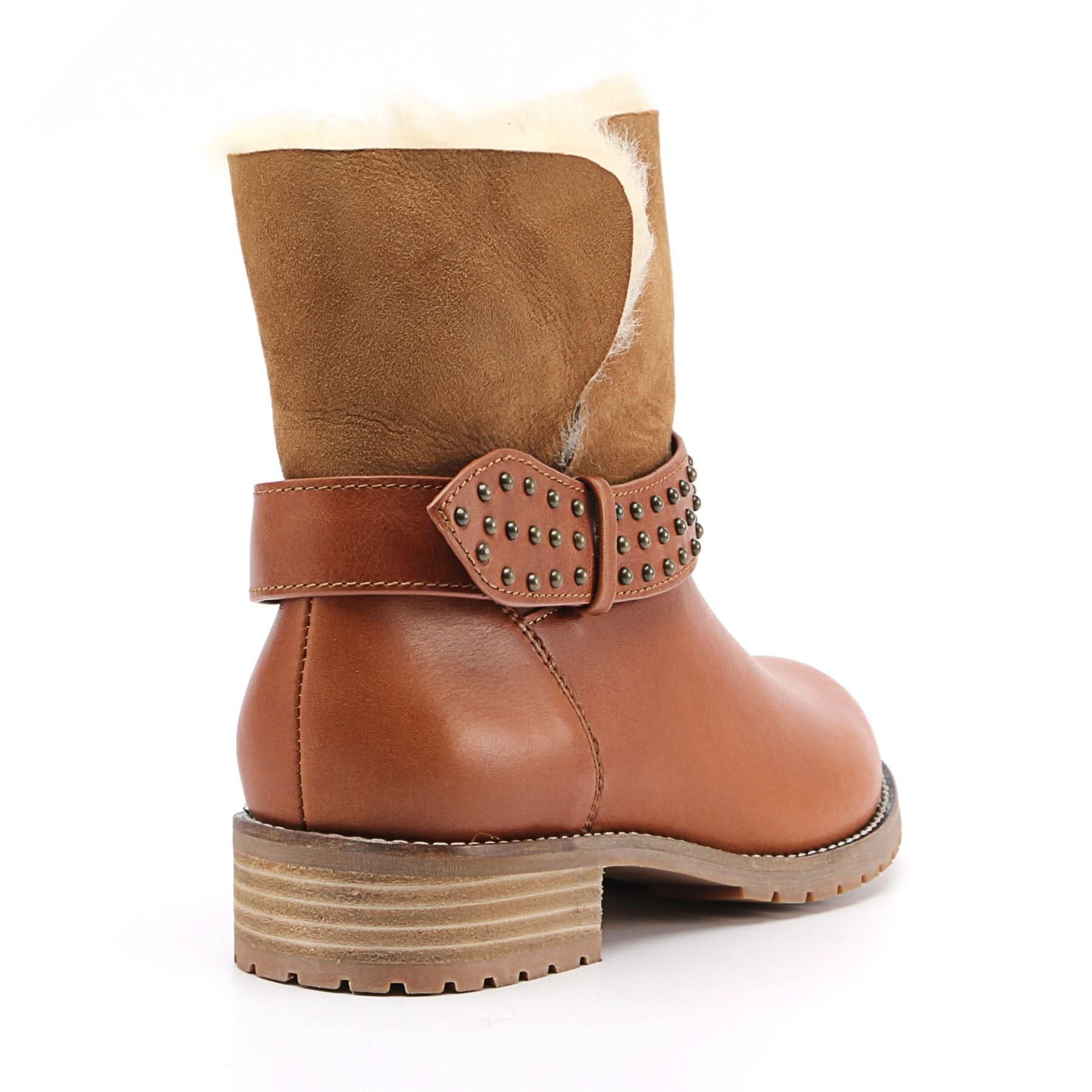 Tan suede sheepskin boot with studded leather strap, rear view. - Yellow Earth Australia