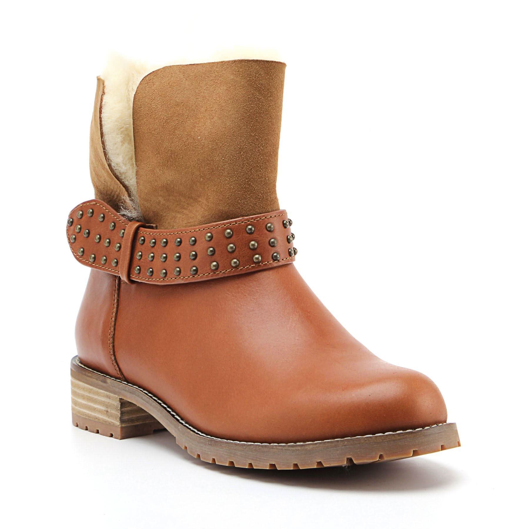 Tan leather sheepskin-lined studded ankle boot with chunky heel, side view. - Yellow Earth Australia