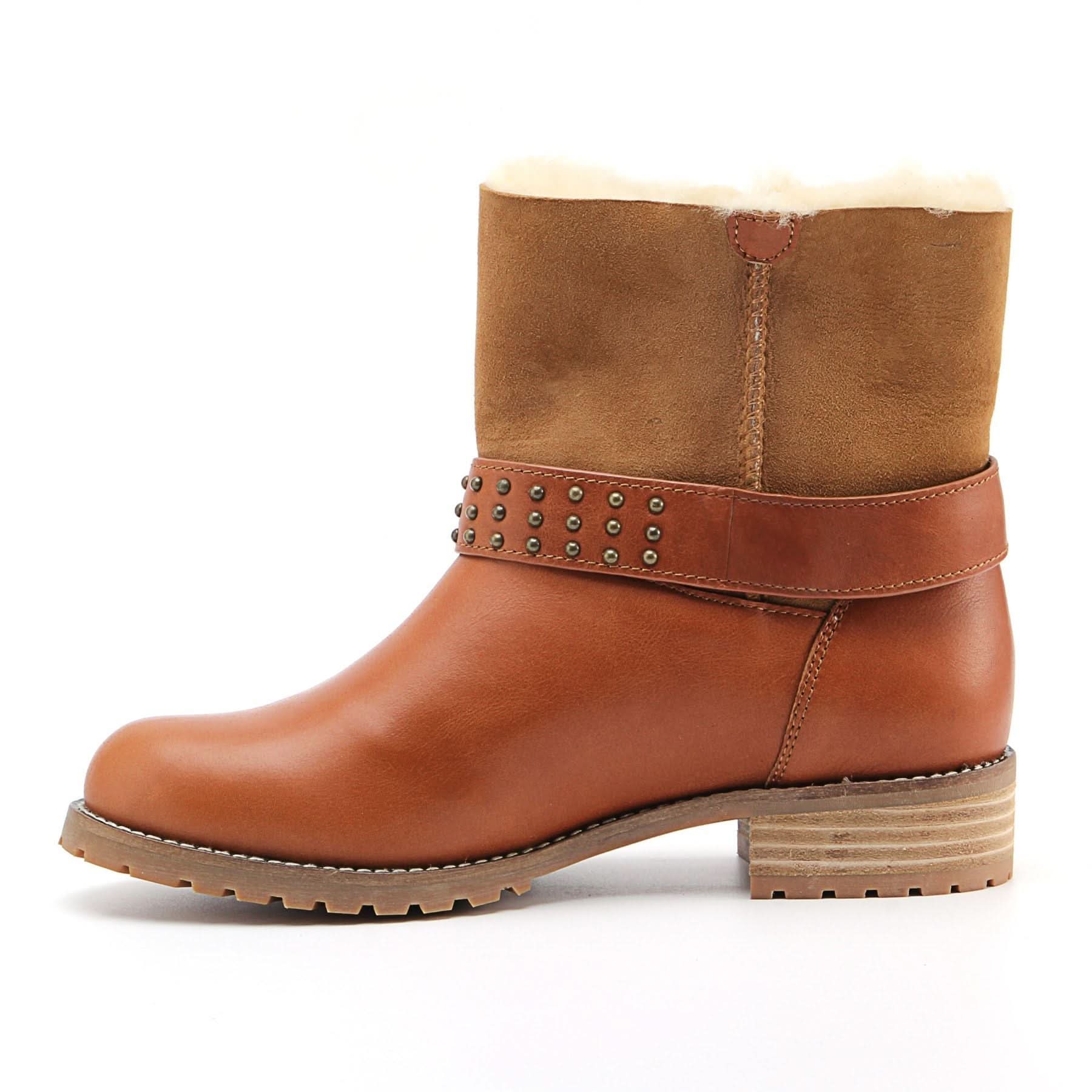 Cognac suede and sheepskin ankle boot with studded band, side view. - Yellow Earth Australia