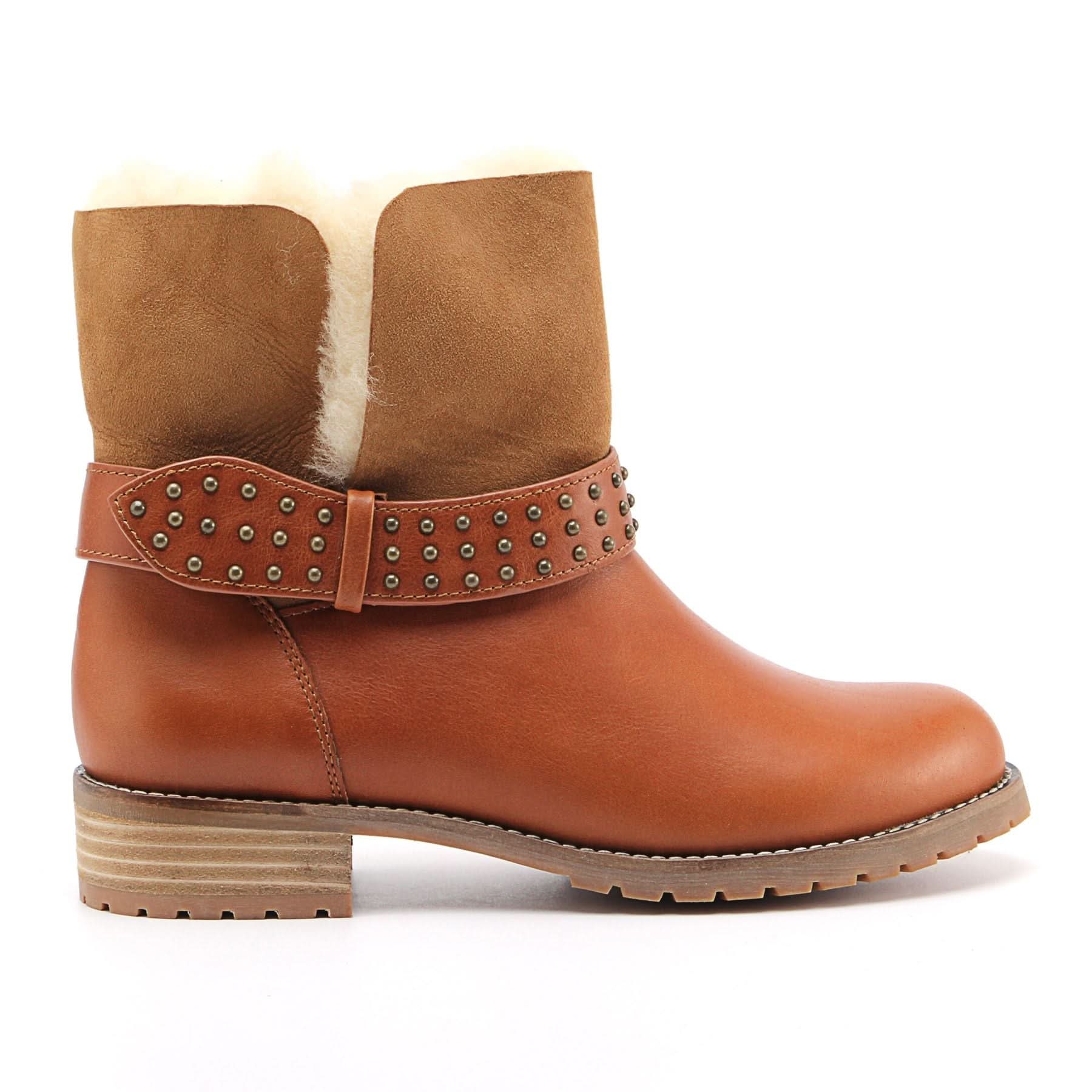 Tan leather and sheepskin lined boot with studded strap, side view. - Yellow Earth Australia