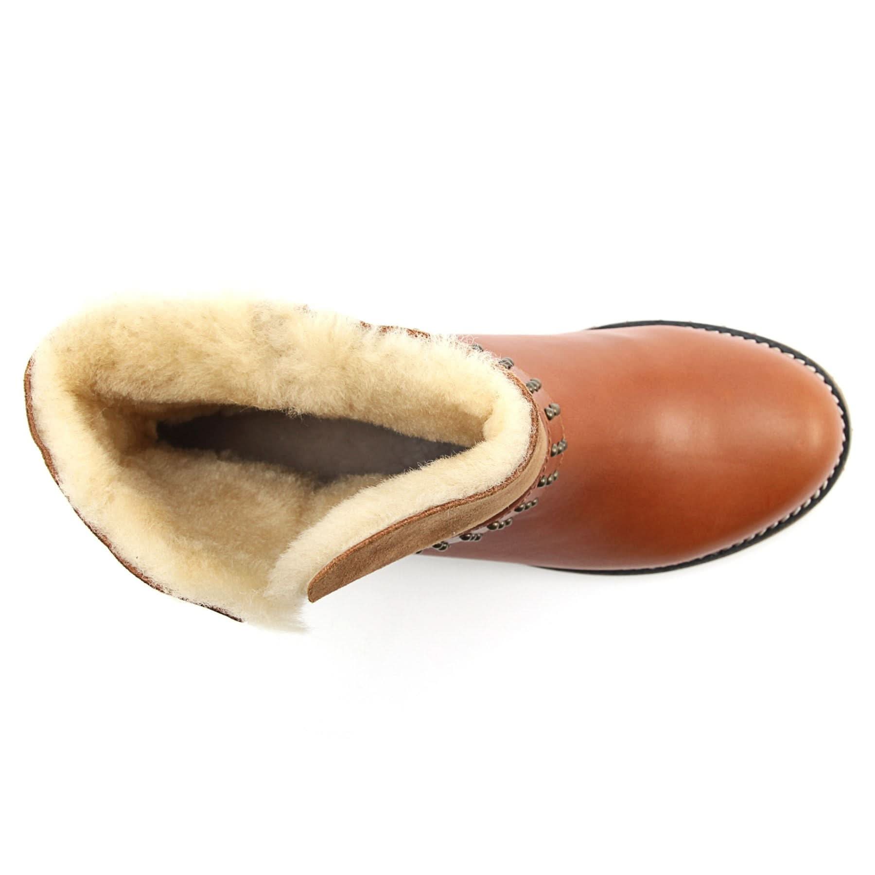 Tan leather and sheepskin lined winter boot, top-down view showing wool interior. - Yellow Earth Australia