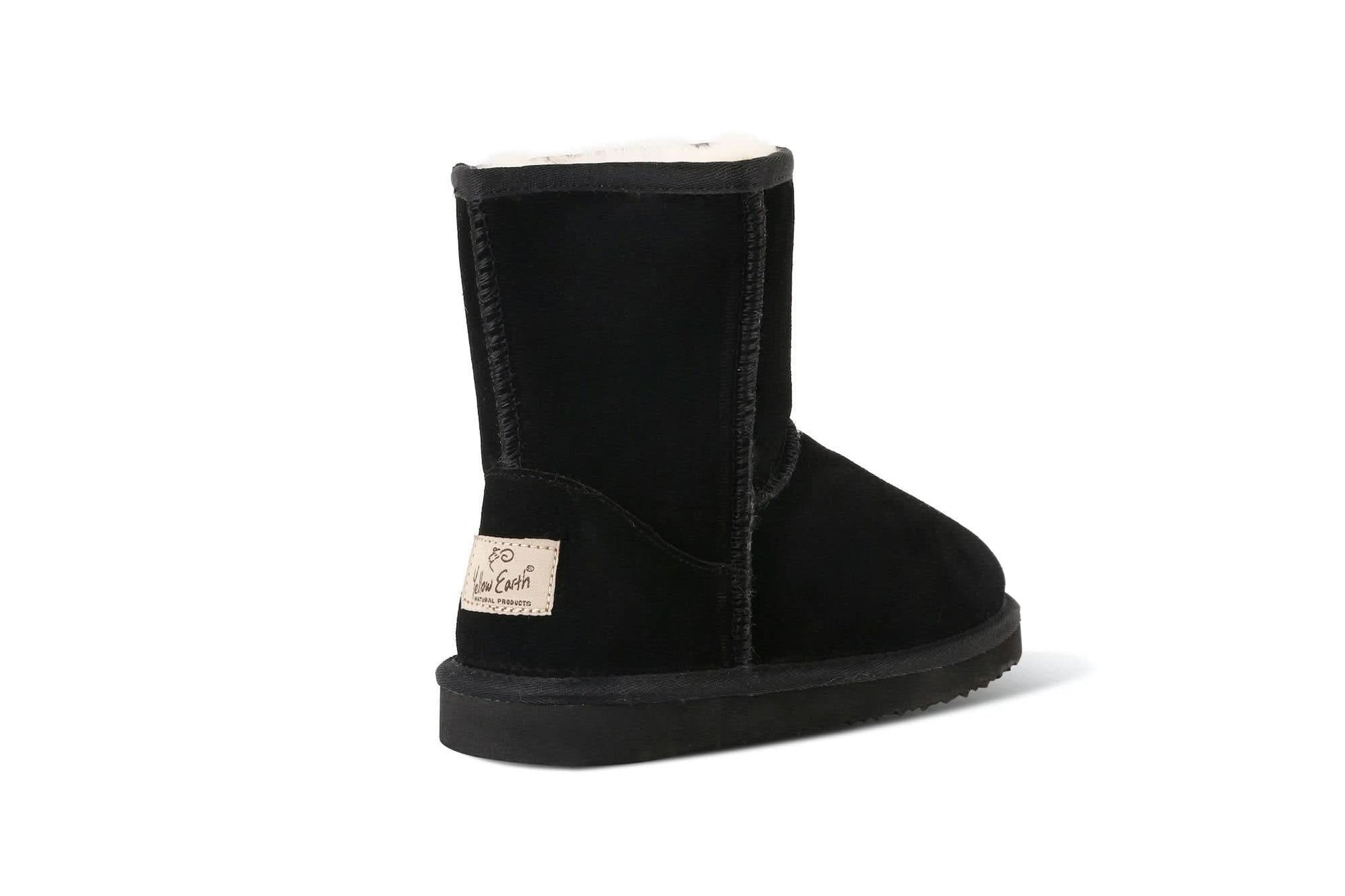 Black sheepskin mid-calf boot with suede exterior, shown from side angle. - Yellow Earth Australia
