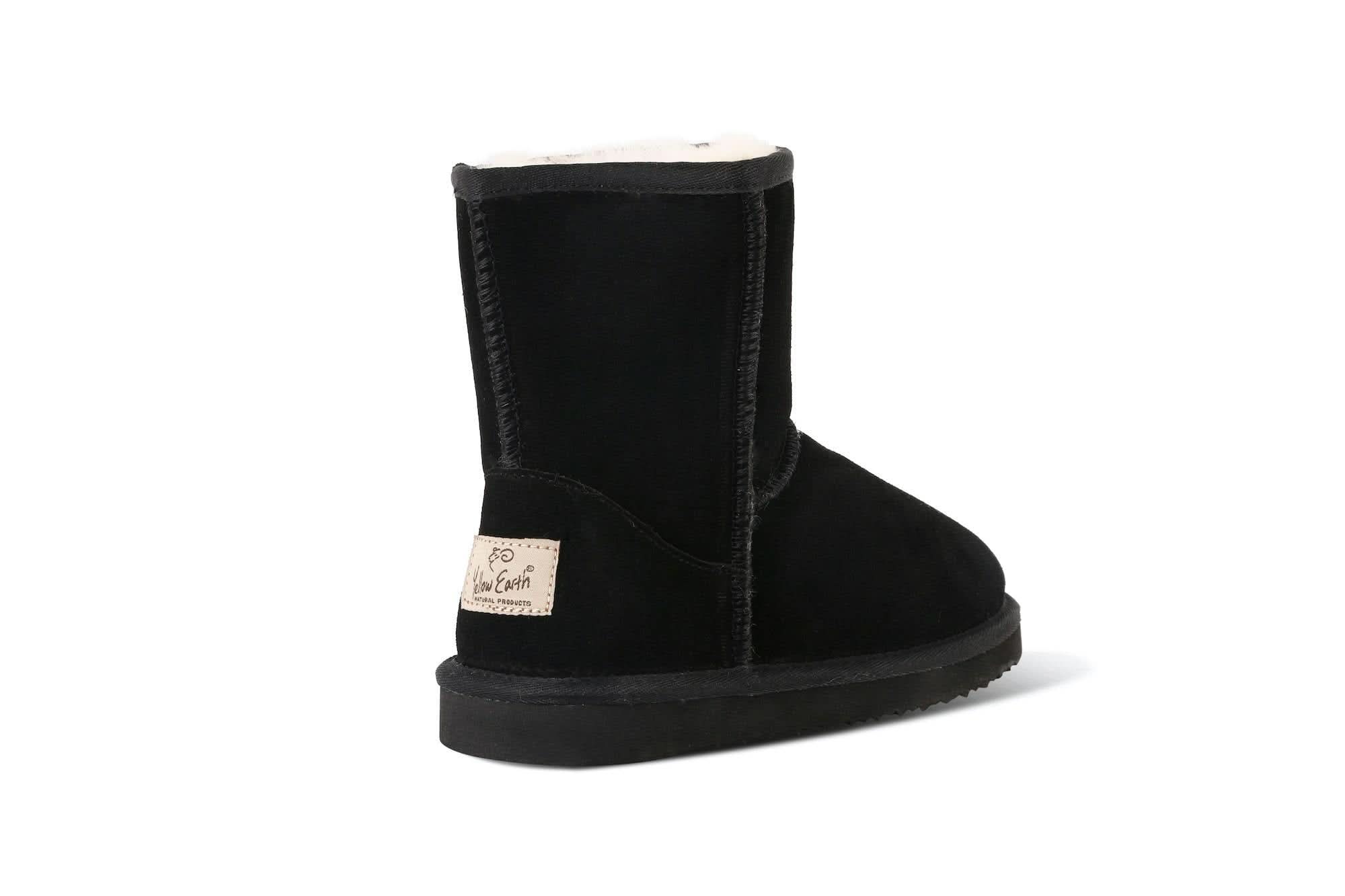 Black sheepskin mid-calf boot with suede exterior, shown from side angle. - Yellow Earth Australia