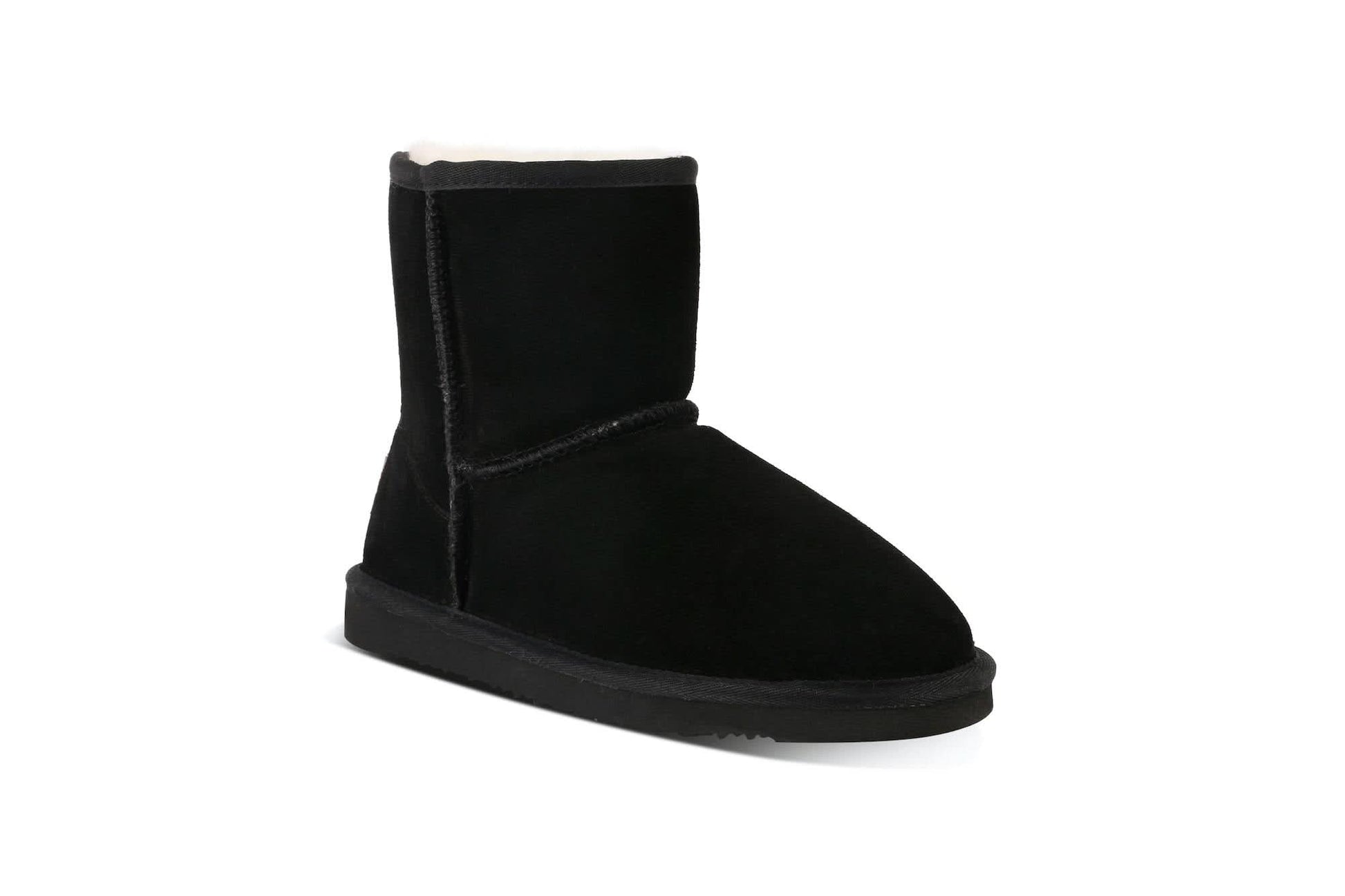 Black sheepskin short boot with suede upper and wool lining, side view. - Yellow Earth Australia