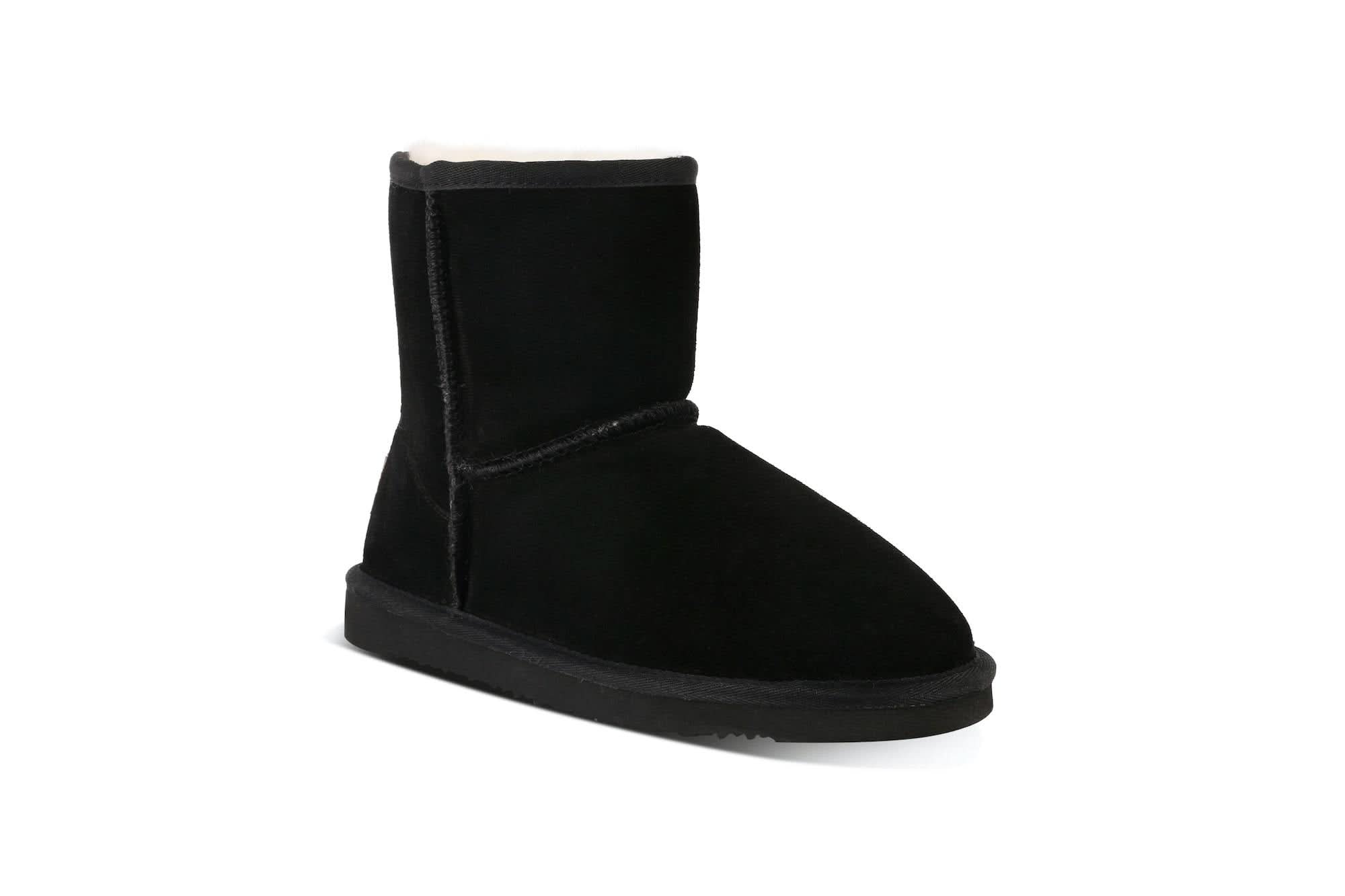Black sheepskin short boot with suede upper and wool lining, side view. - Yellow Earth Australia