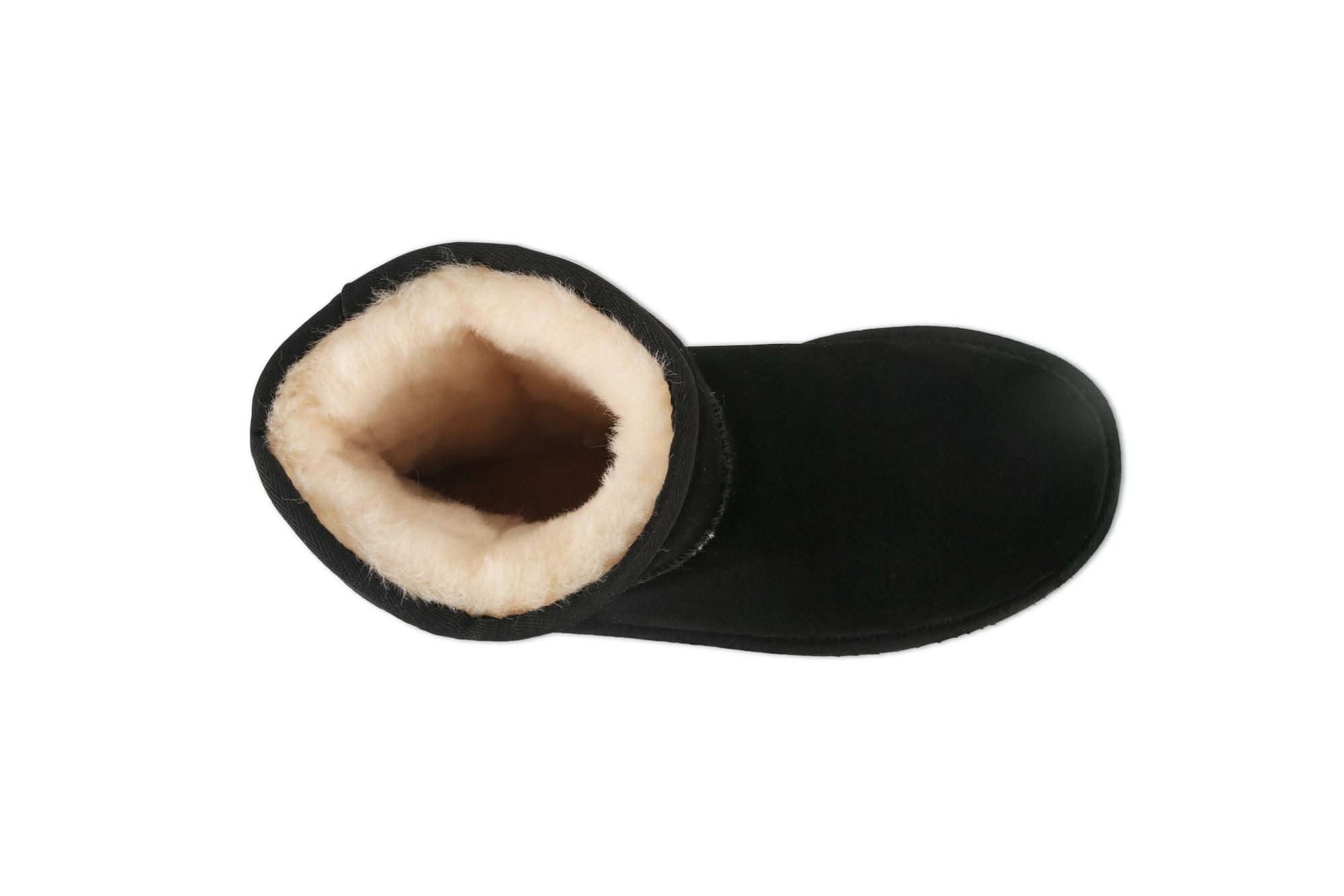 Black sheepskin boot with cream wool lining, top-down view. - Yellow Earth Australia