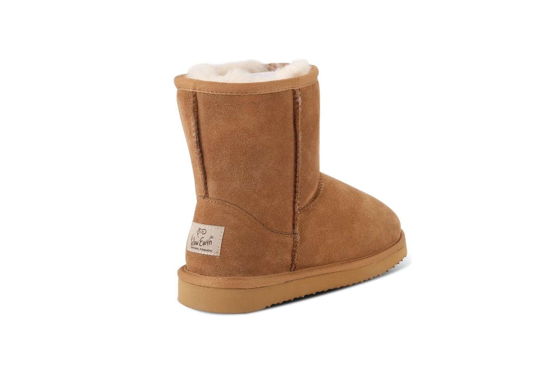 Chestnut sheepskin boot with wool lining, shown from rear three-quarter view. - Yellow Earth Australia