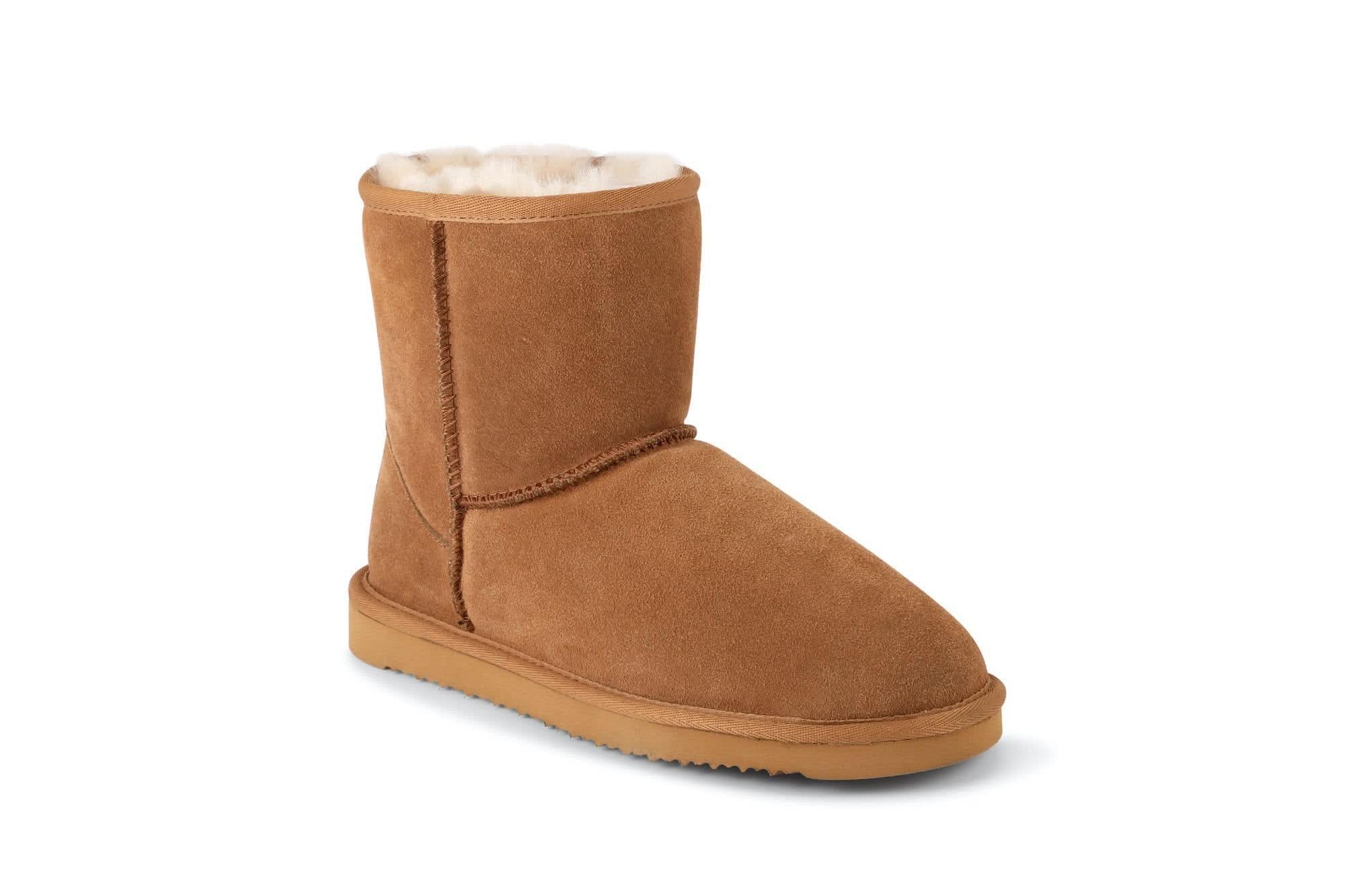 Chestnut sheepskin short boot with fleece lining, side view. - Yellow Earth Australia