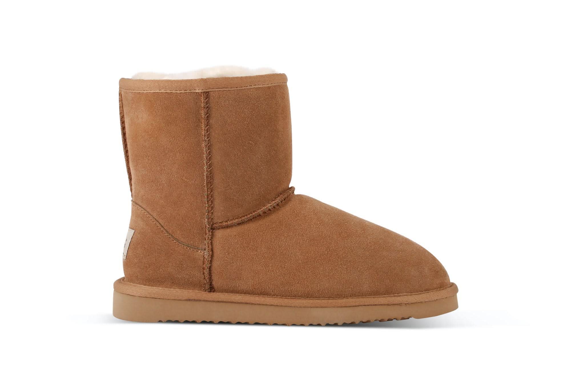 Chestnut suede sheepskin short boot with fleece lining, side view. - Yellow Earth Australia