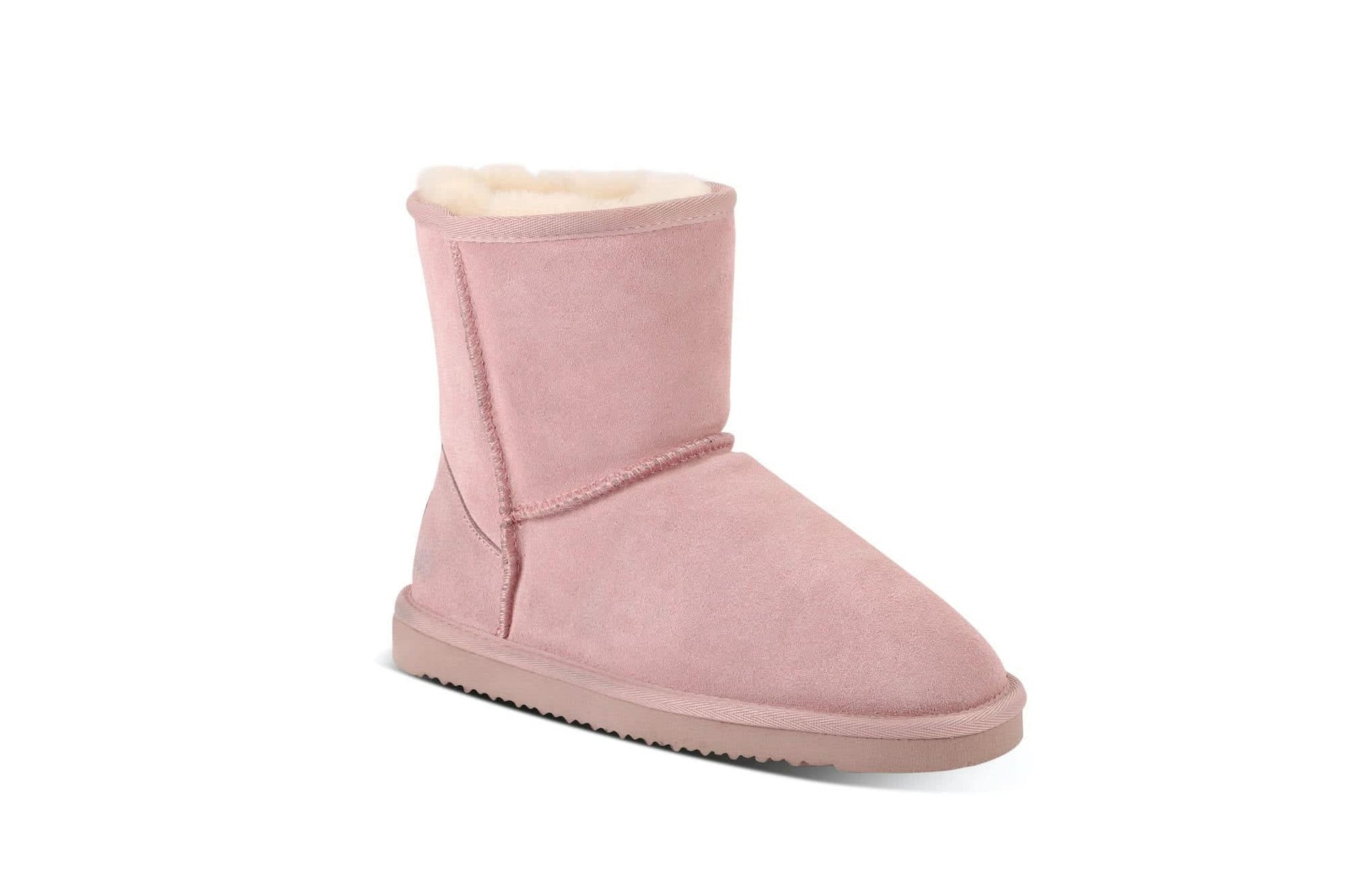 Pink sheepskin wool short boot with cream fleece lining, side view. - Yellow Earth Australia
