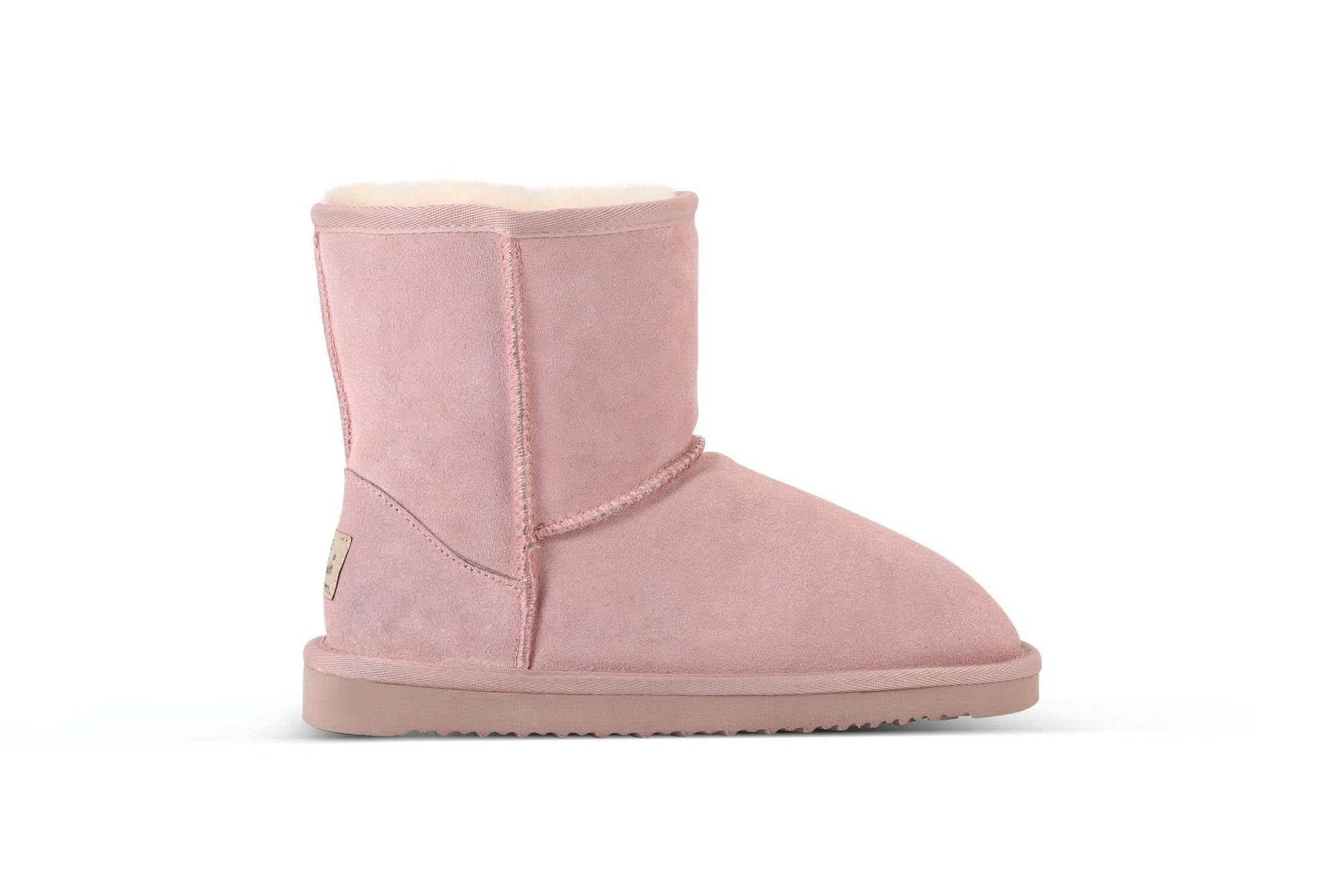 Pink sheepskin short boot with wool lining, side view. - Yellow Earth Australia