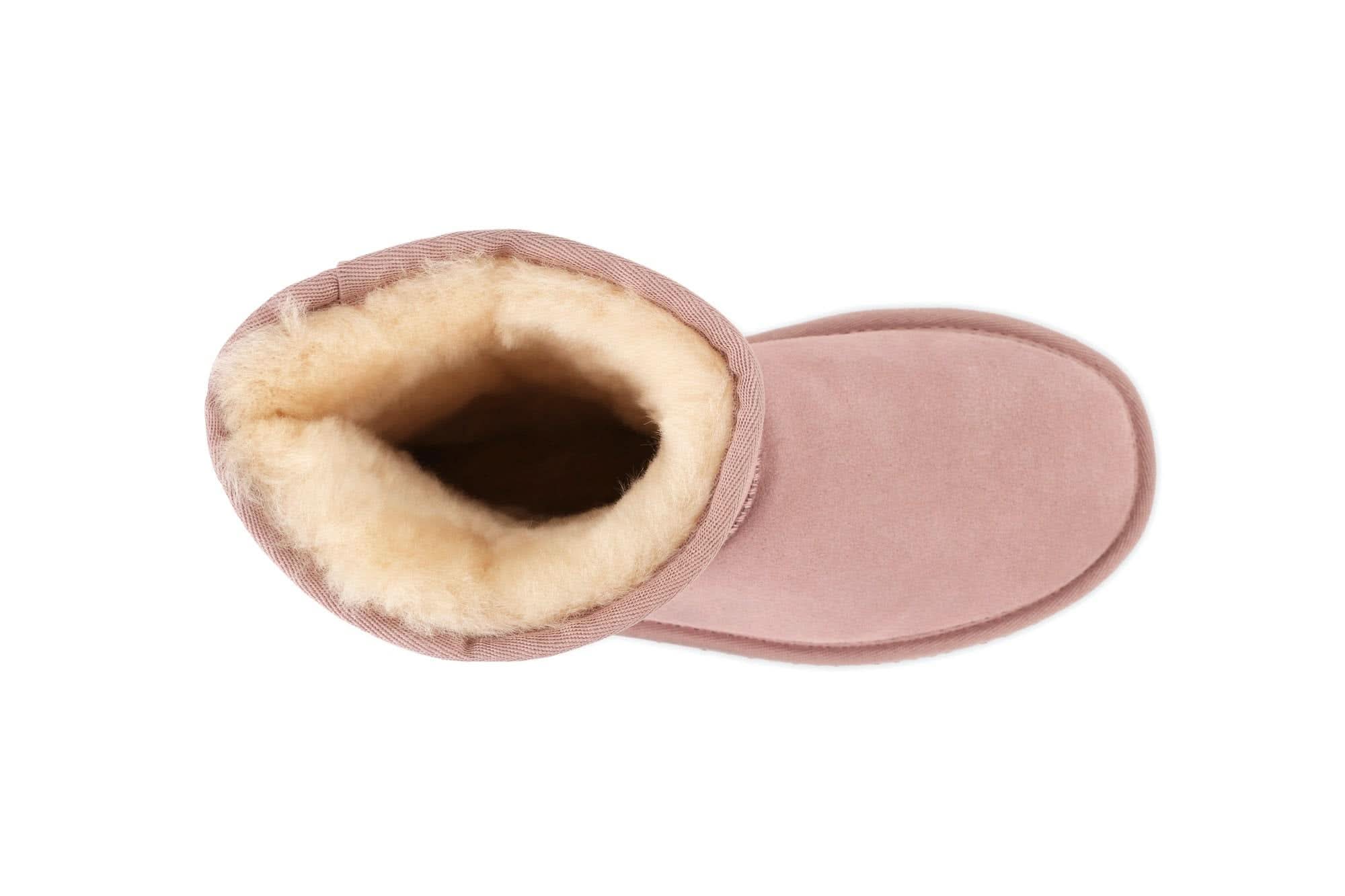 Pink sheepskin boots with cream wool lining, top-down view showing interior. - Yellow Earth Australia