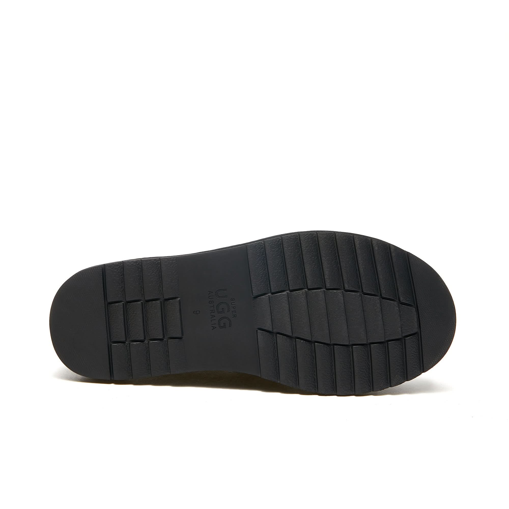 Black sheepskin boot sole with deep tread pattern, bottom view. - Yellow Earth Australia