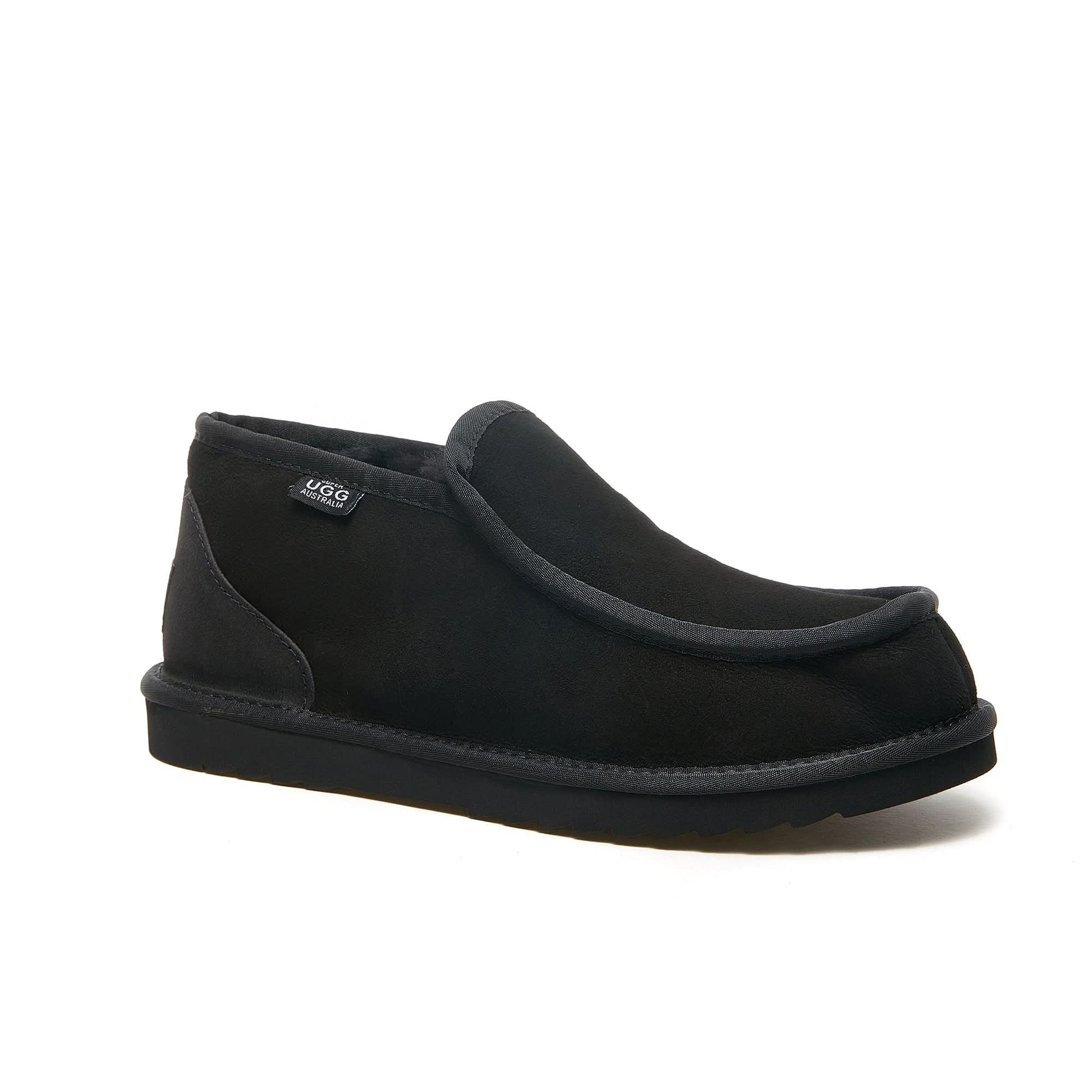 Black sheepskin slip-on ankle boot with wool lining, side view. - Yellow Earth Australia