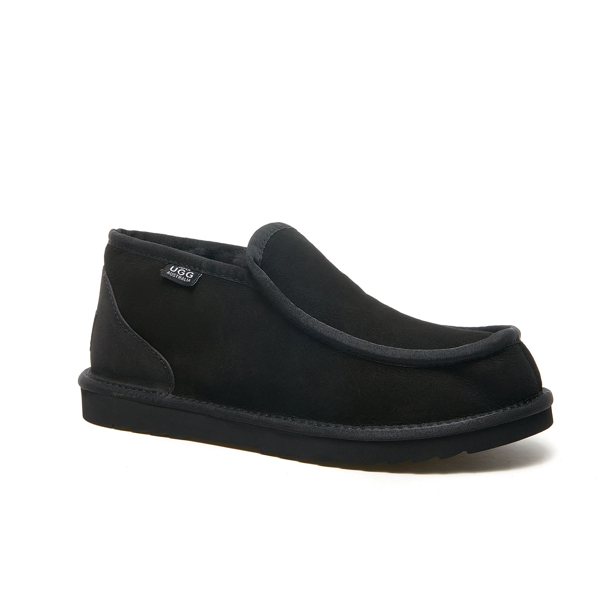 Black sheepskin slip-on ankle boot with wool lining, side view. - Yellow Earth Australia