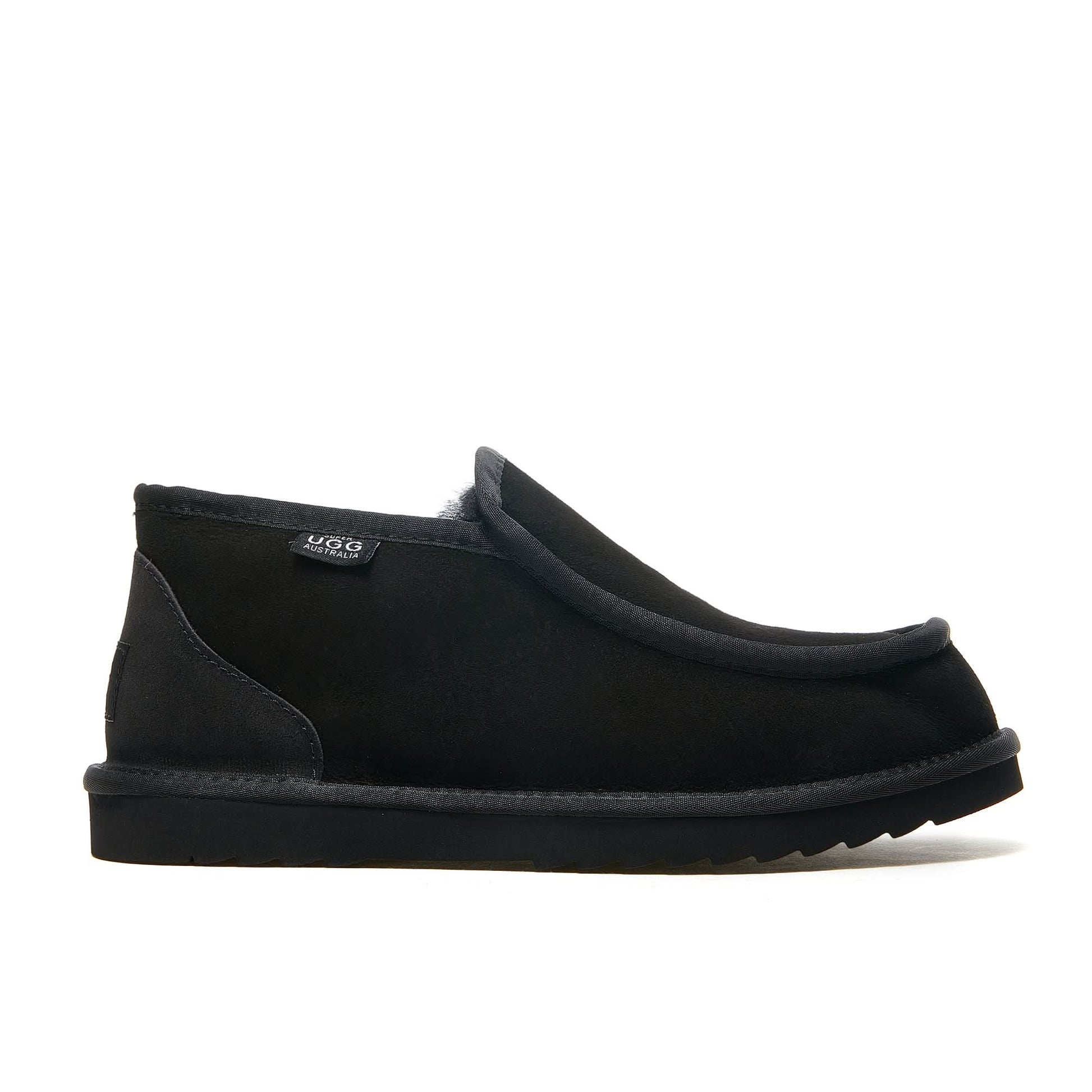 Black suede sheepskin loafer boot with fleece lining shown in side profile view. - Yellow Earth Australia
