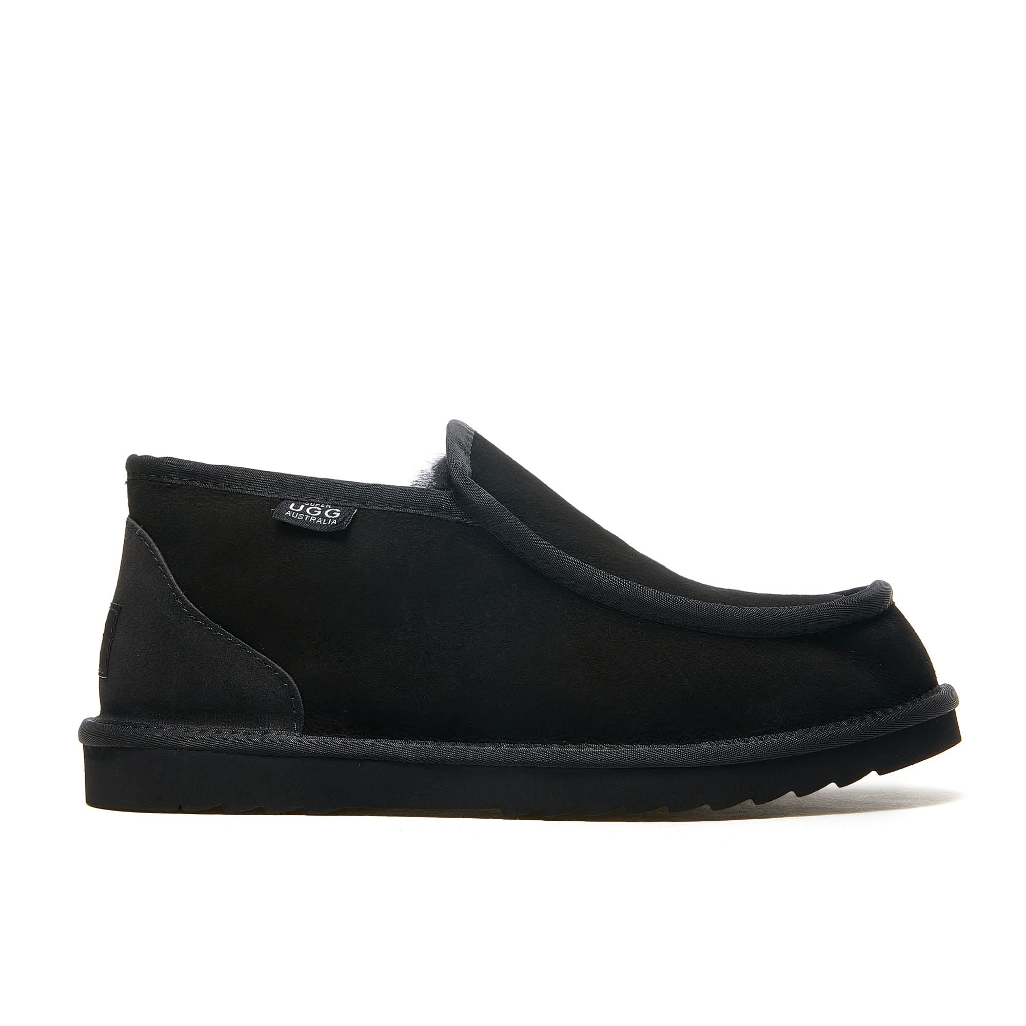 Black suede sheepskin loafer boot with fleece lining shown in side profile view. - Yellow Earth Australia