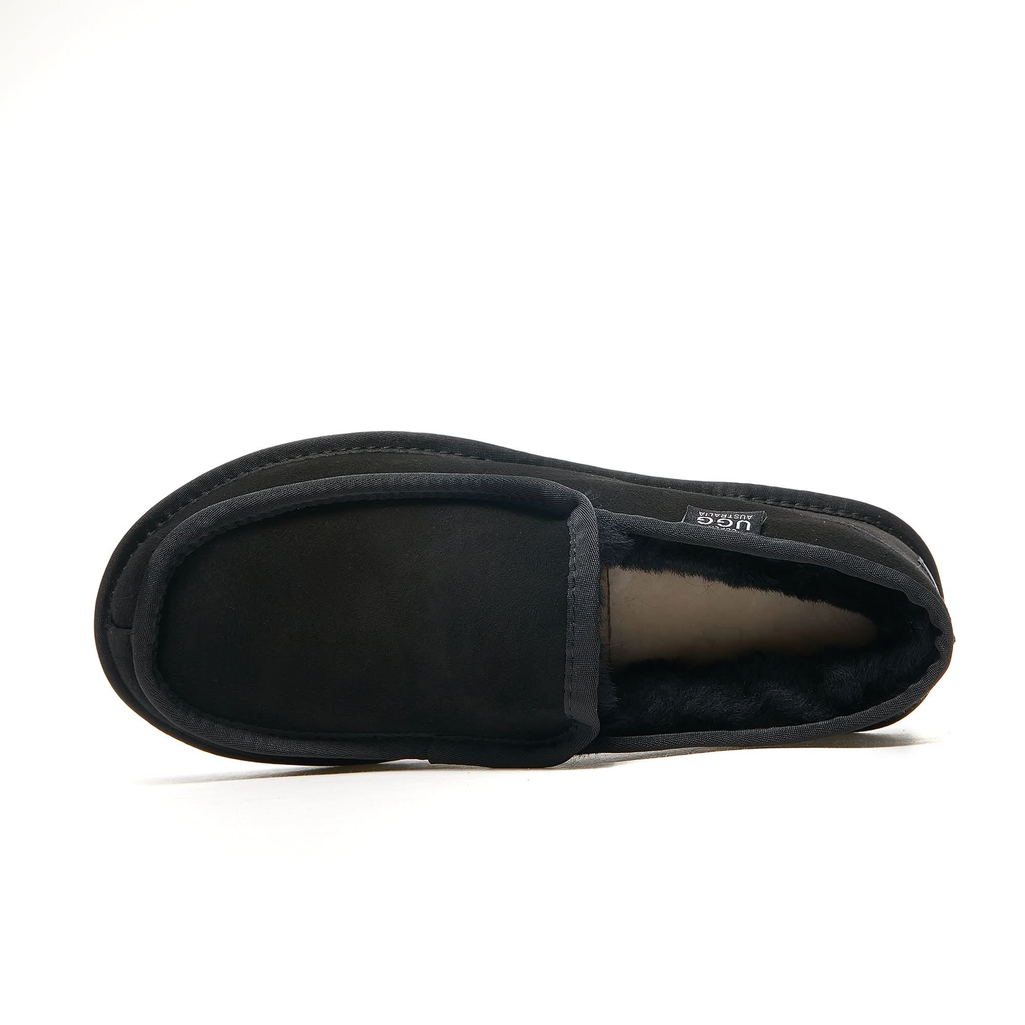 Black suede moccasin slipper with sheepskin lining, top view. - Yellow Earth Australia
