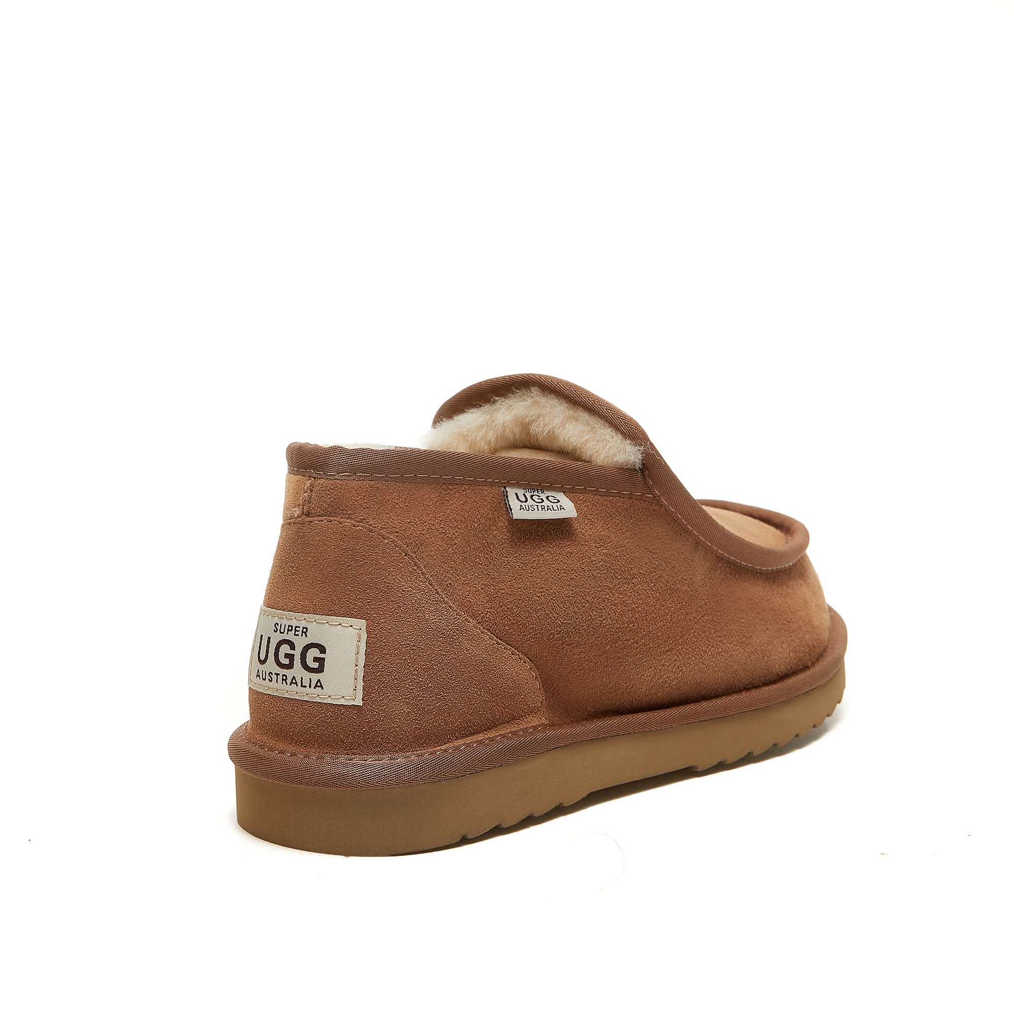Chestnut suede sheepskin moccasin slipper shown from back angle view. - Yellow Earth Australia