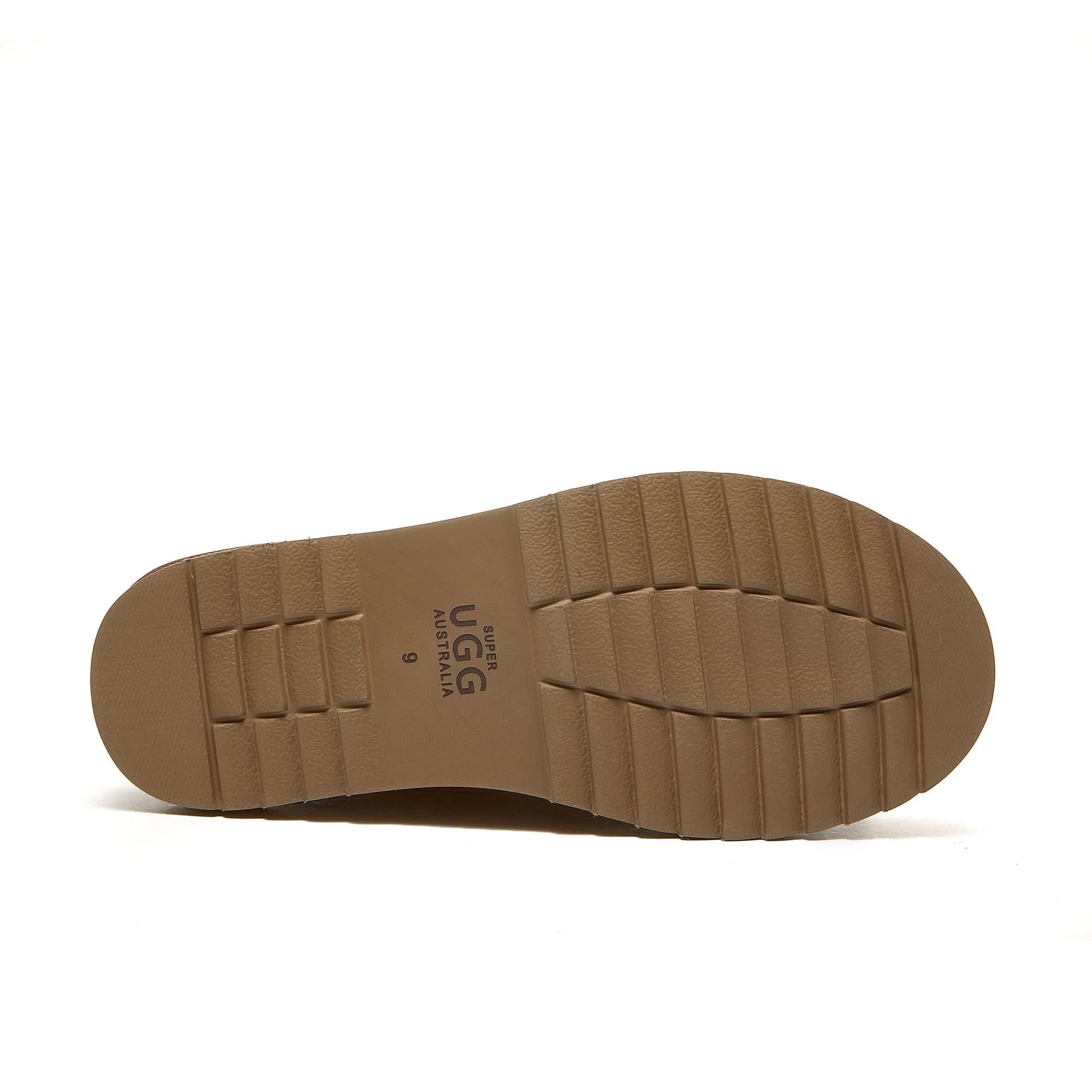 Tan sheepskin boot sole showing treaded rubber bottom in side view. - Yellow Earth Australia