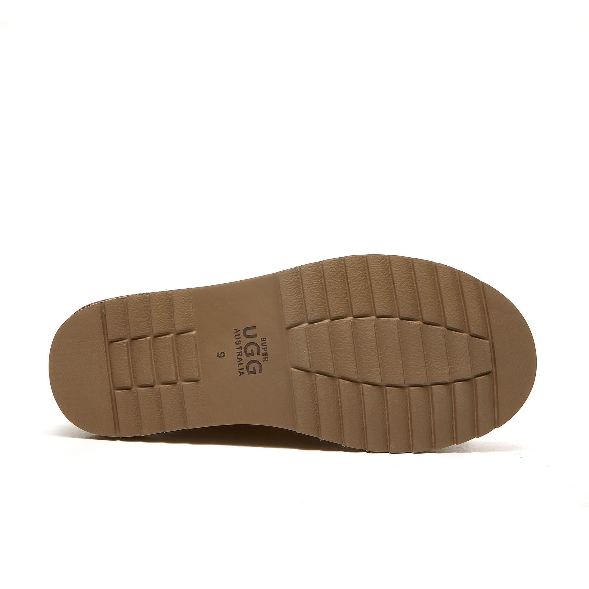 Tan sheepskin boot sole showing treaded rubber bottom in side view. - Yellow Earth Australia