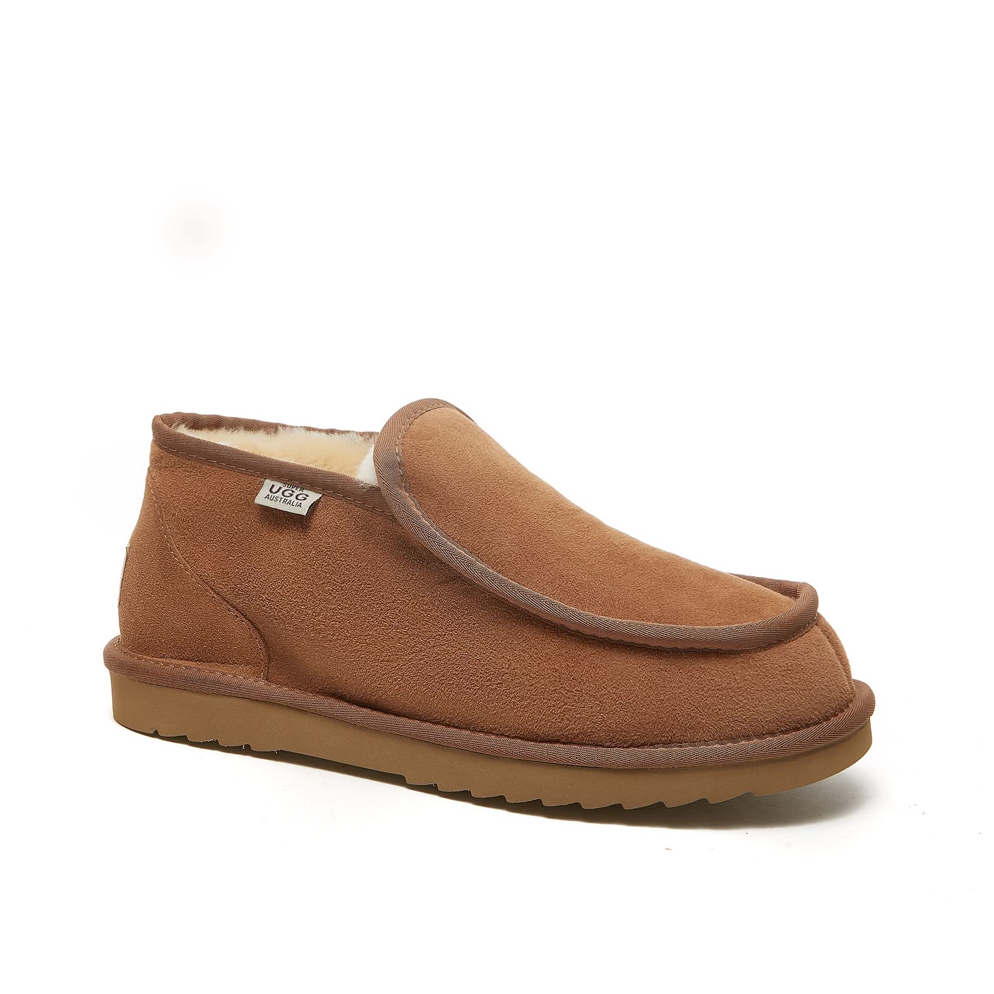 Chestnut suede sheepskin slipper boot with fleece lining, side view. - Yellow Earth Australia